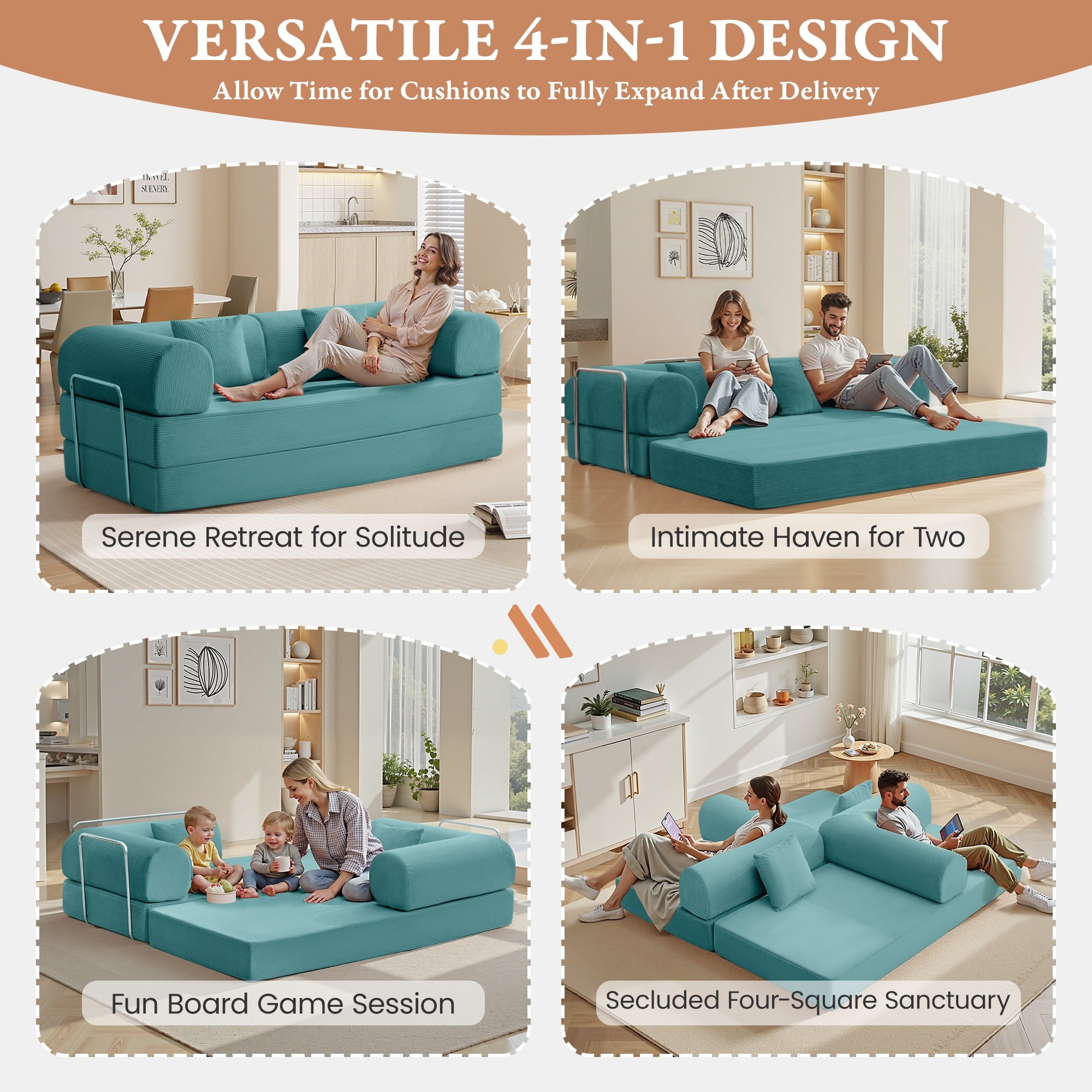 COOLHUT 63 W Combination Sofa, High Rebound Density Foam Sofa Couch, Two Forms Floor Couch Three Seats Sofa Bed for Living Room, Bedroom, Green