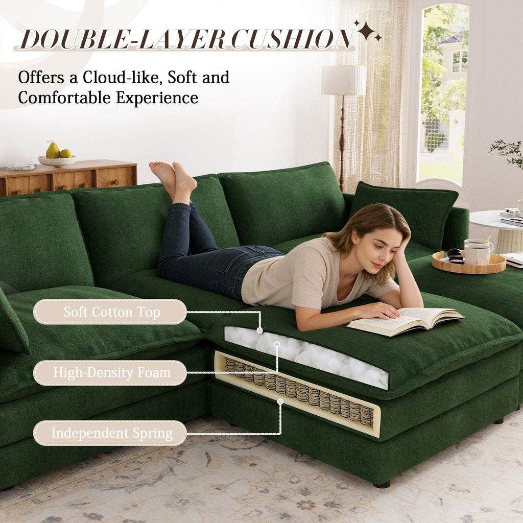Muumblus Sectional Sofa Cloud Couch with Reversible Ottoman, L-Shaped Chenille Sofa for Living Rooms, Beige