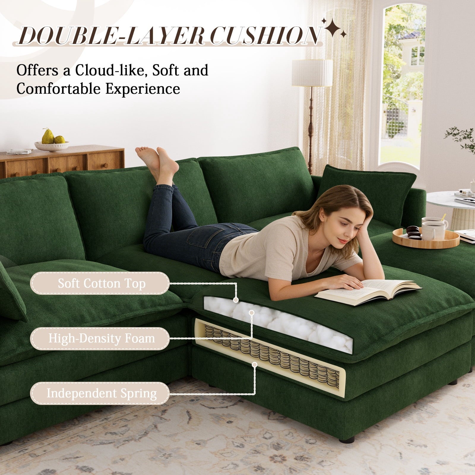 Muumblus Sectional Sofa Cloud Couch with Reversible Ottoman, L-Shaped Chenille Sofa for Living Rooms, Beige