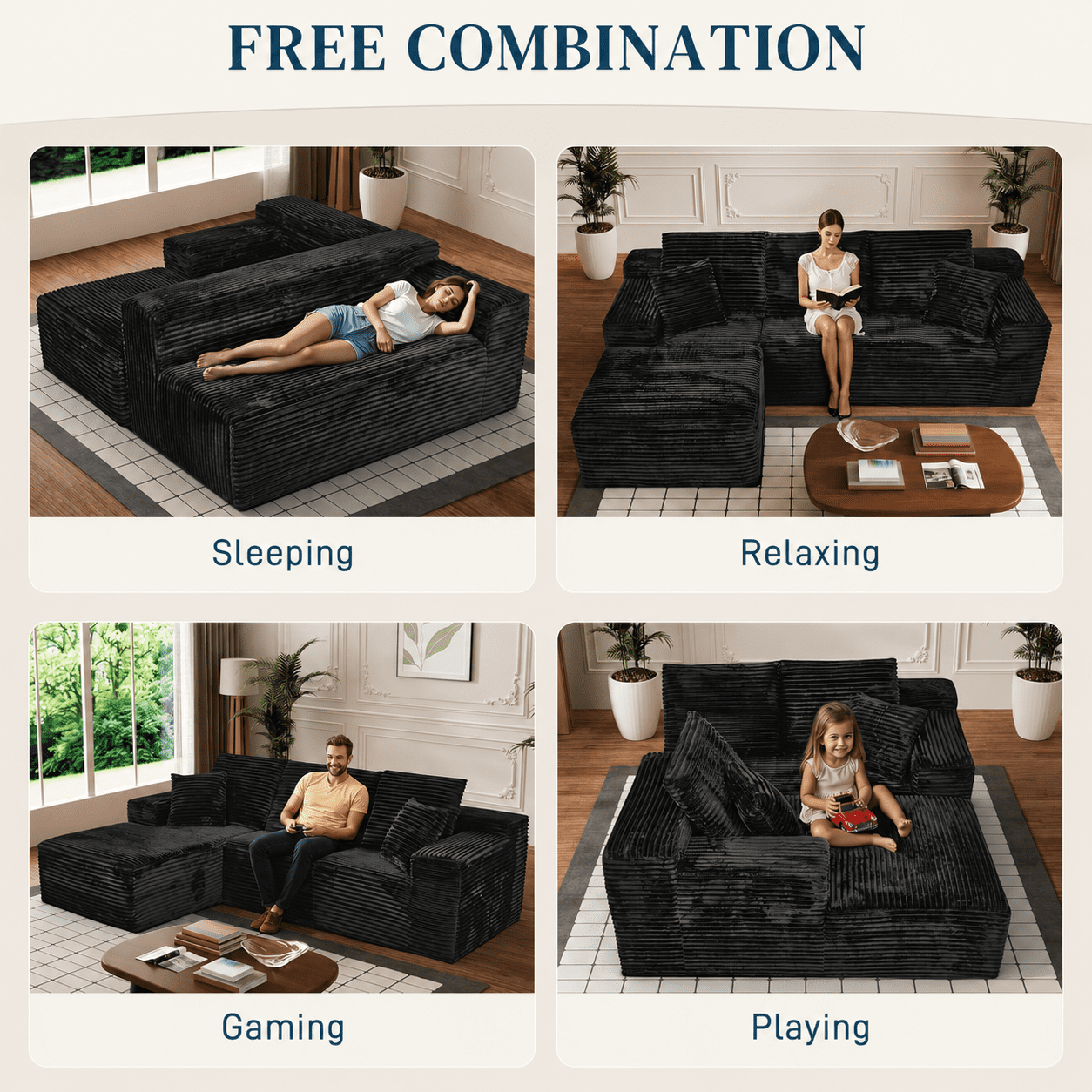 LLappuil 108 Sectional Sofa, Modular Sectional Couch with Left Chaise, Deep Seat Corduroy Cloud Sofa for Living Room Black
