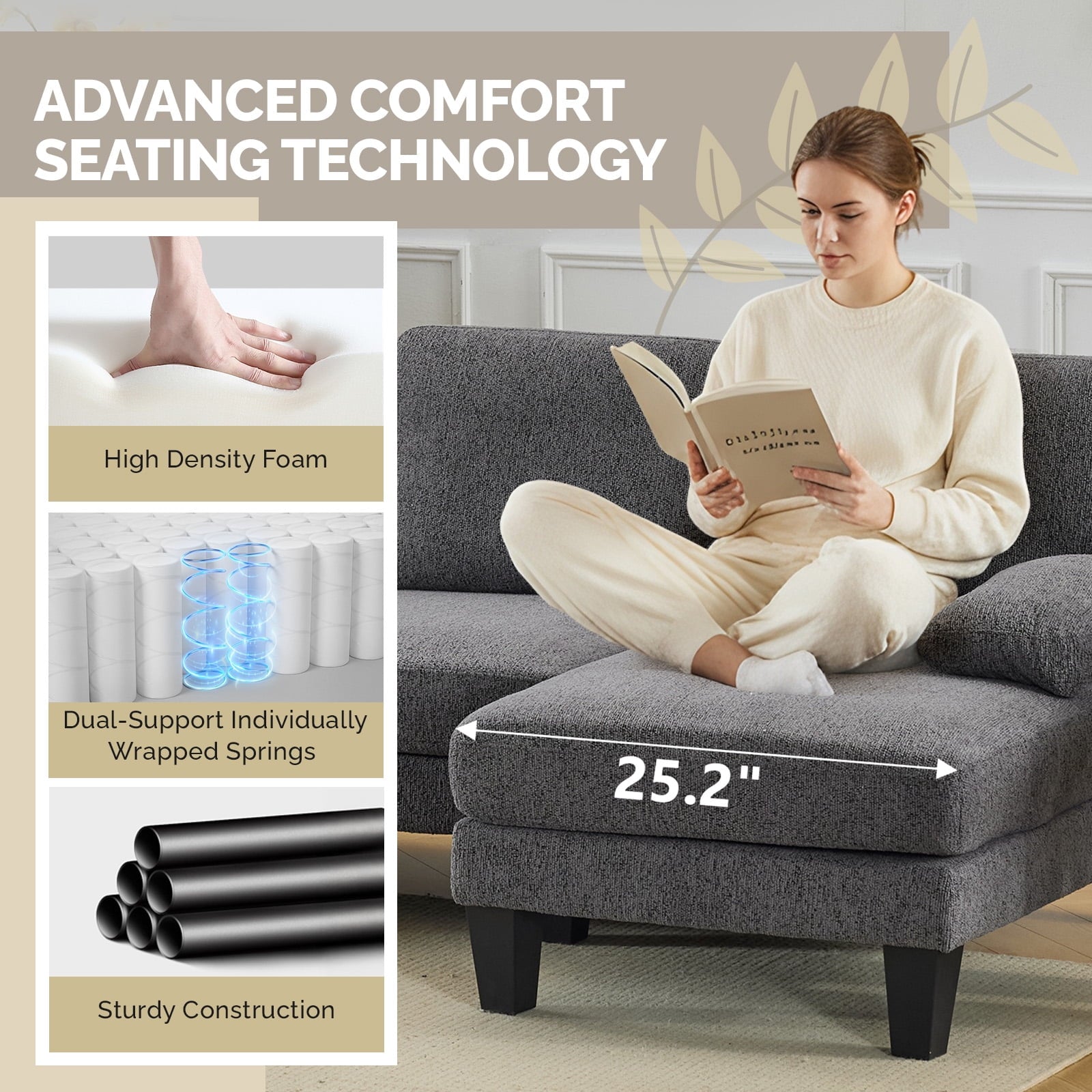 Ktaxon U-Shaped Sectional Sofa Set with Chaise, 4-Seater Blended Chenille Couch for Living Room, Apartment, Easy Assembly Khaki