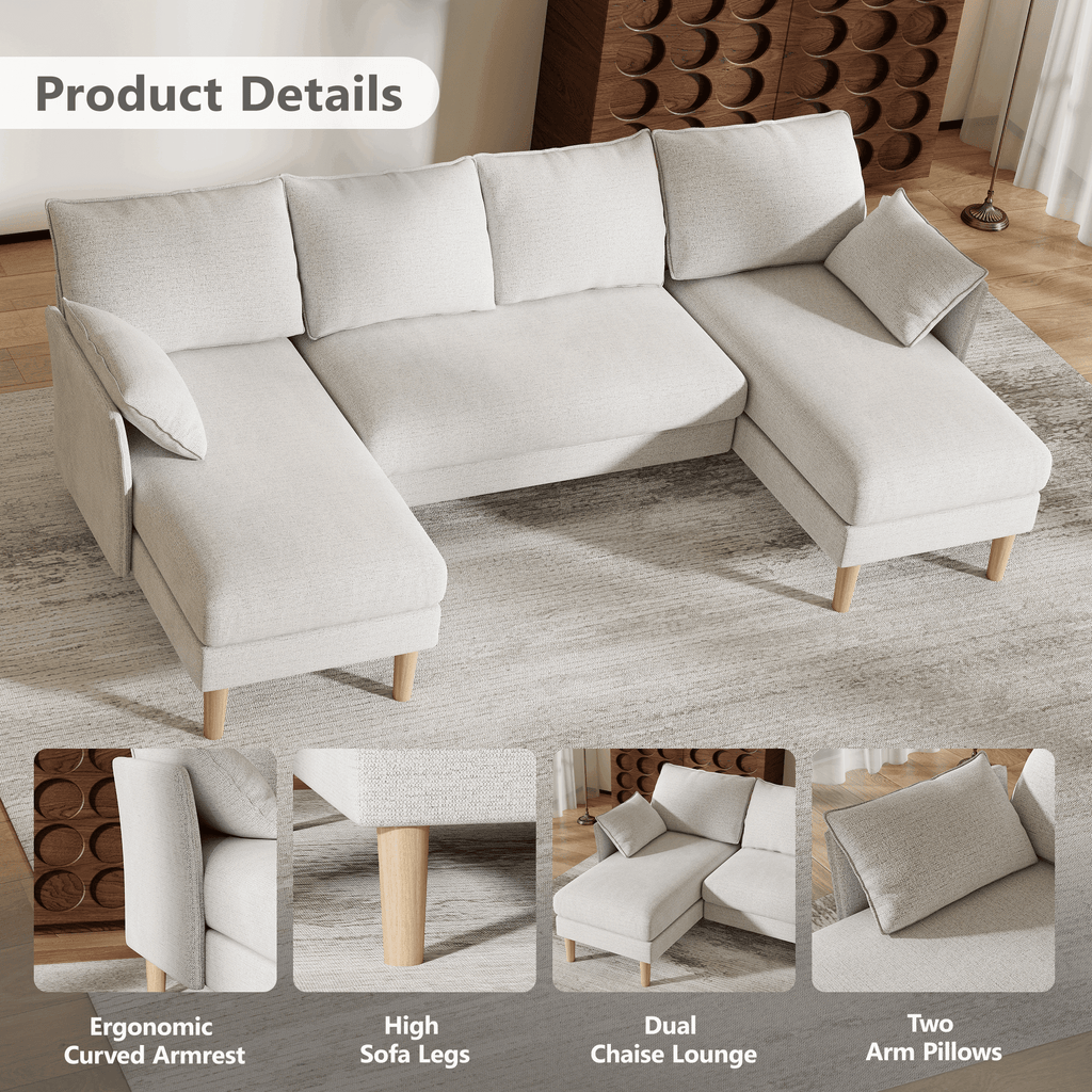 BedLuxury 100 U-Shape Sectional Sofa with Chaise, Chenille Modern Couch with High Legs for Living Room, Apartment, Beige