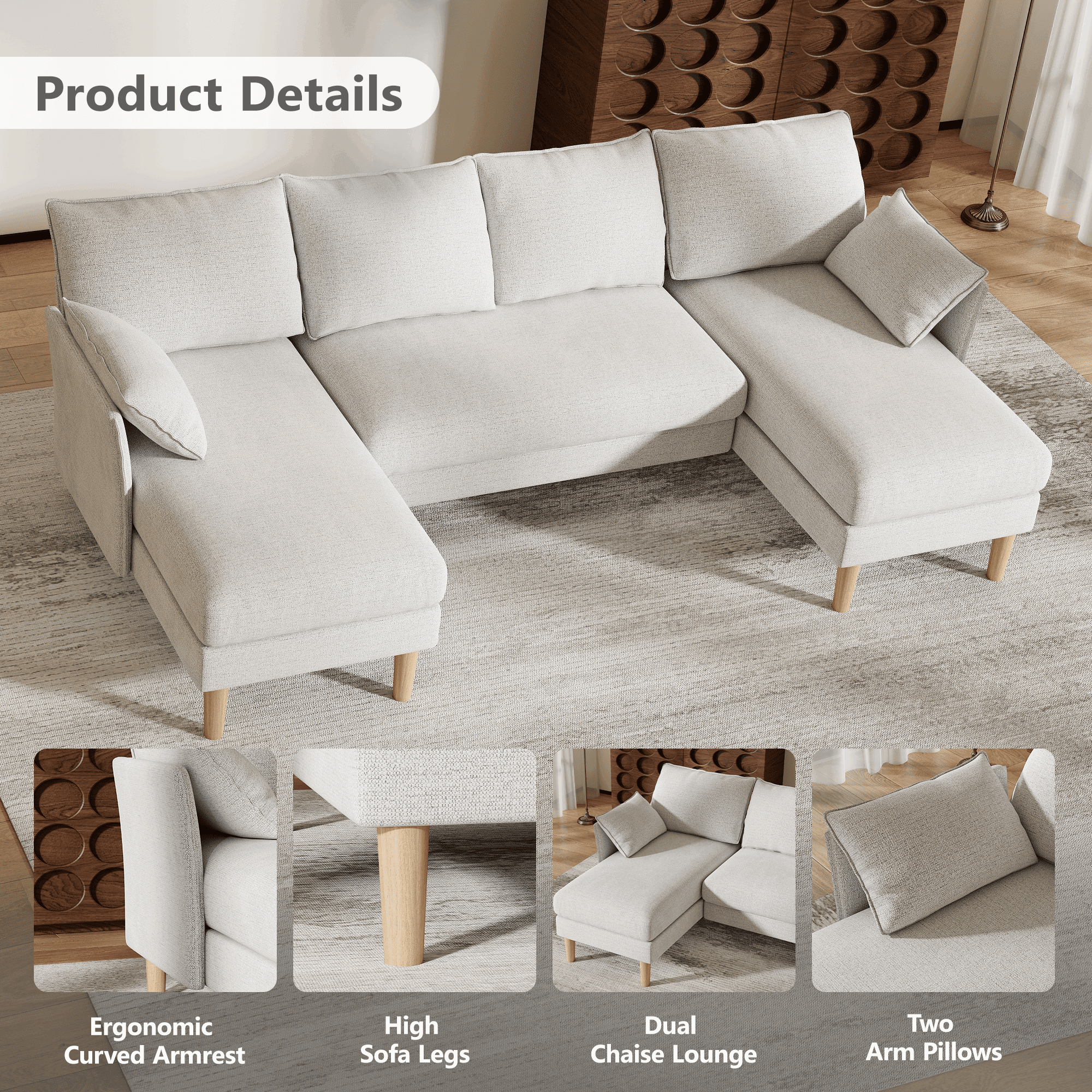 BedLuxury 100 U-Shape Sectional Sofa with Chaise, Chenille Modern Couch with High Legs for Living Room, Apartment, Gray
