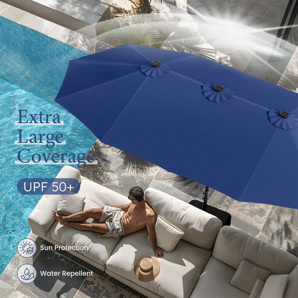SUMMIT LIVING 15ft Double-Sided Solar Patio Umbrella with Base (Included) Large Outdoor Umbrella with Solar Lights - Beige
