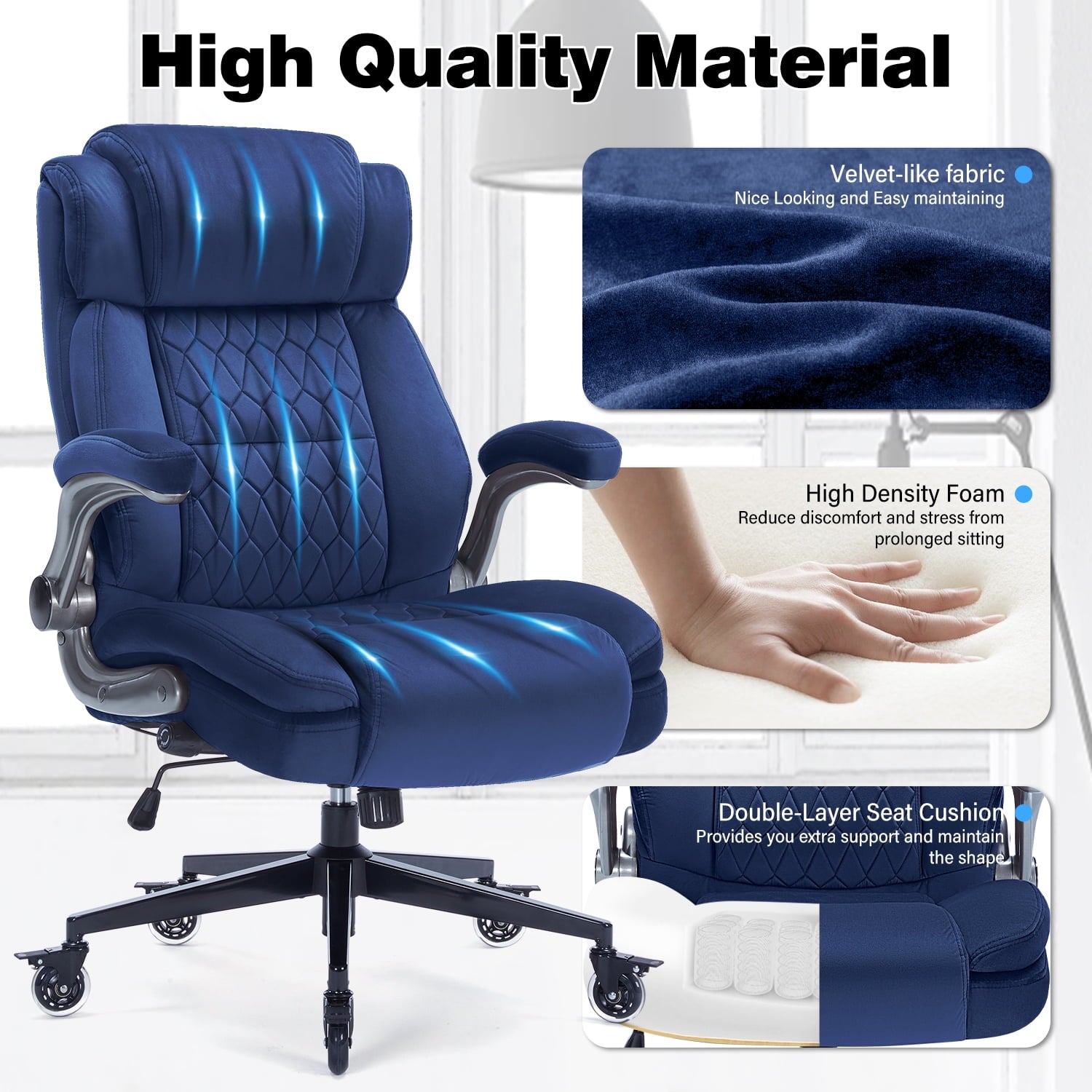 High Back Office Chair with Lockable Wheels, 400lbs Large Fabric Executive Desk Chair, Adjustable Lumbar Support Flip up Arms, Ergonomic Home Office Computer Chair with Storage Pocket, Black