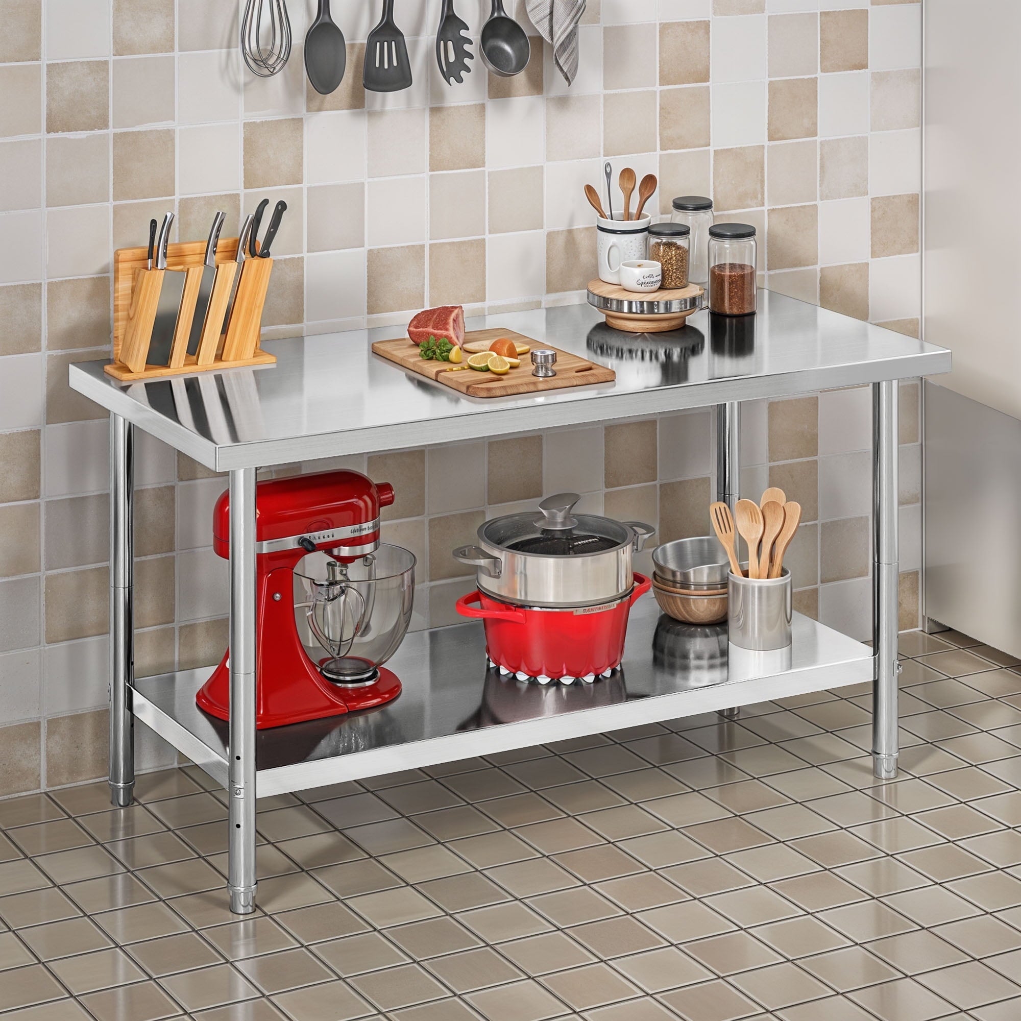 ModFusion 60x24 Heavy-Duty Stainless Steel Workbench with Adjustable Kitchen Rack, 5'x2'x2.8' ft Metal Prep Detailing Table, Home Steel Shelving, Utility Tools
