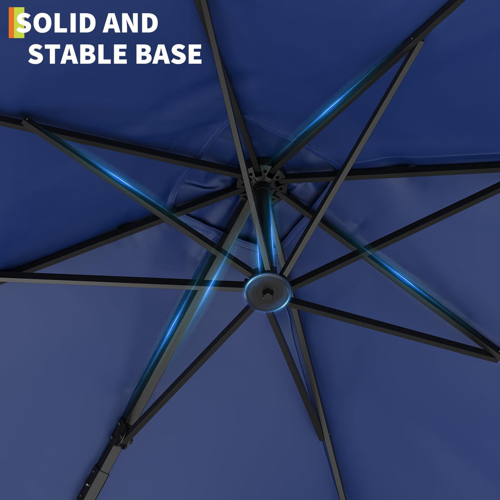 10x10 FT Offset Patio Umbrella with Base Included, 360° Rotation Large Square Cantilever Umbrella, Outdoor Sun Shade with Easy Tilt for Pool, Backyard, Deck, Garden, Navy Blue