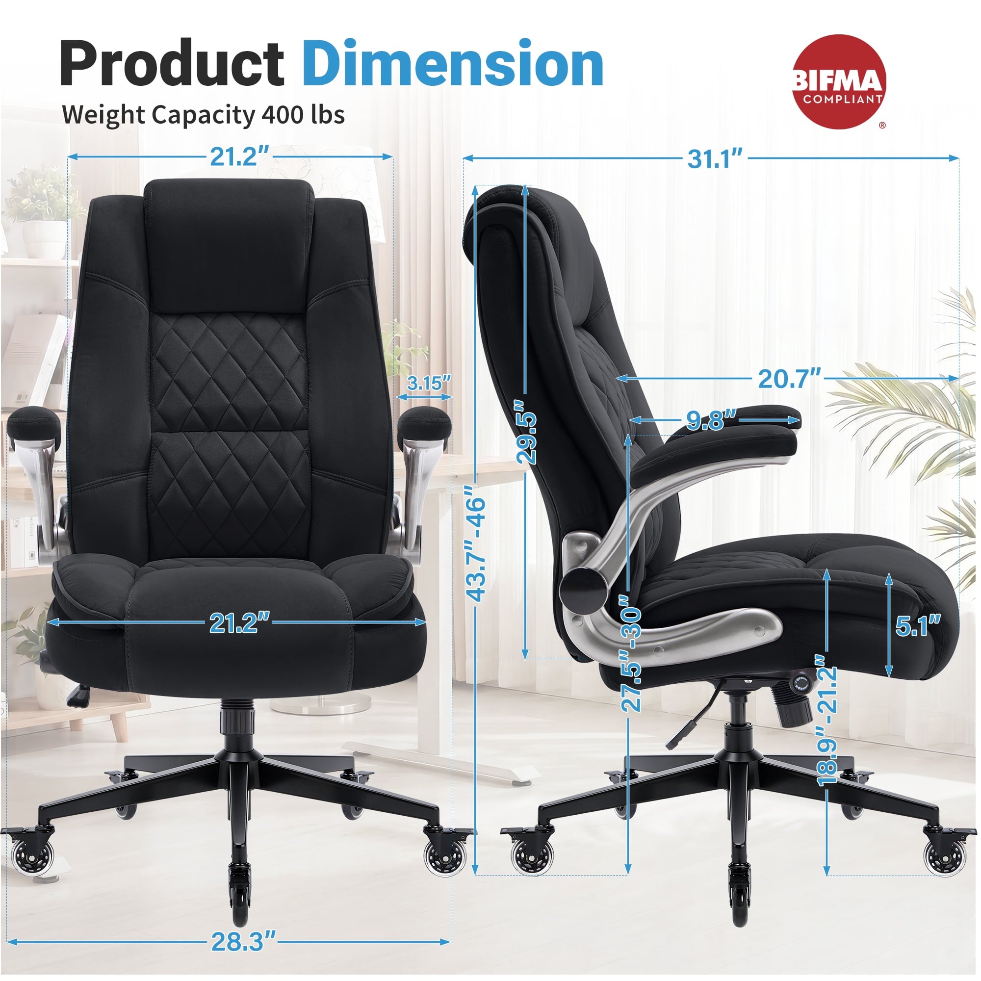 Ergonomic Home Office Chair with Locking Wheels, High-back Desk Chair with Thick Padded Flip-up Armrest, Comfy Executive Chair with Adjustable Lumbar Support for Home & Office & Work