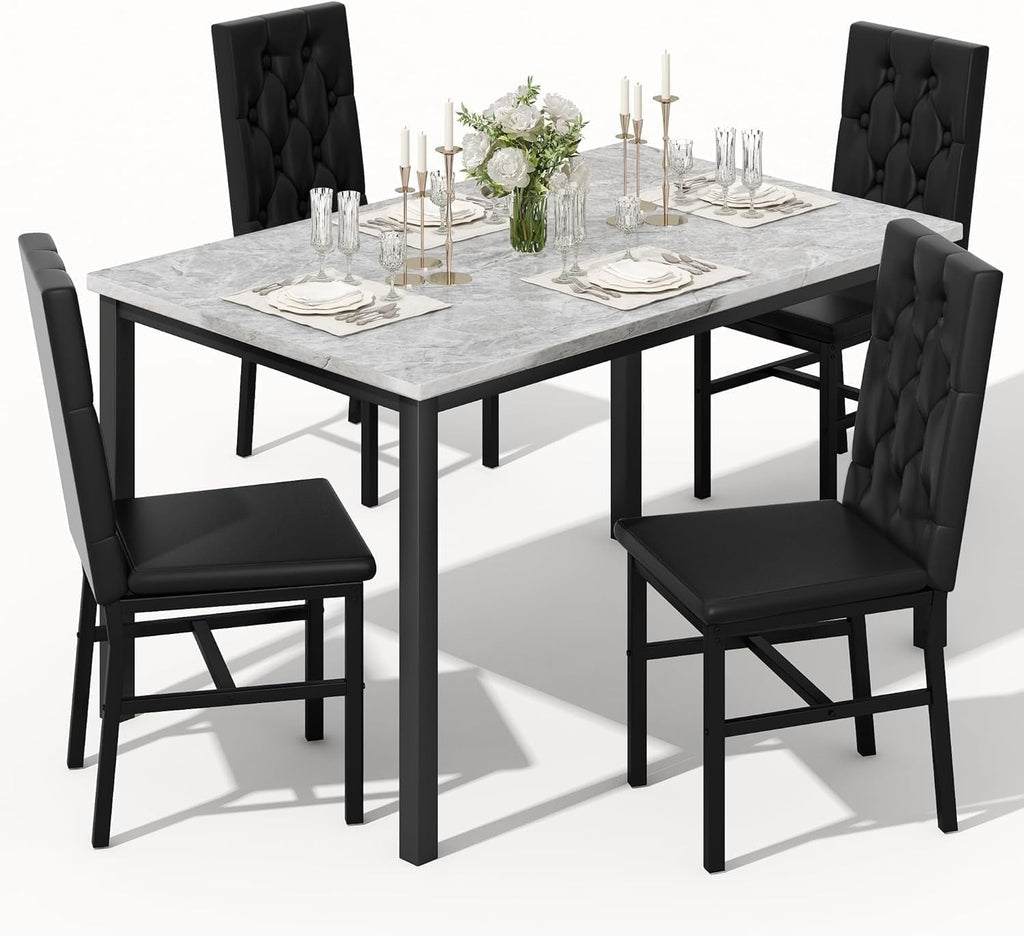 AWQM 5 Piece Dining Table Set, Faux Marble Kitchen Table and Chairs for 4, Dining Room Table Set with 4 PU Leather Chairs, White
