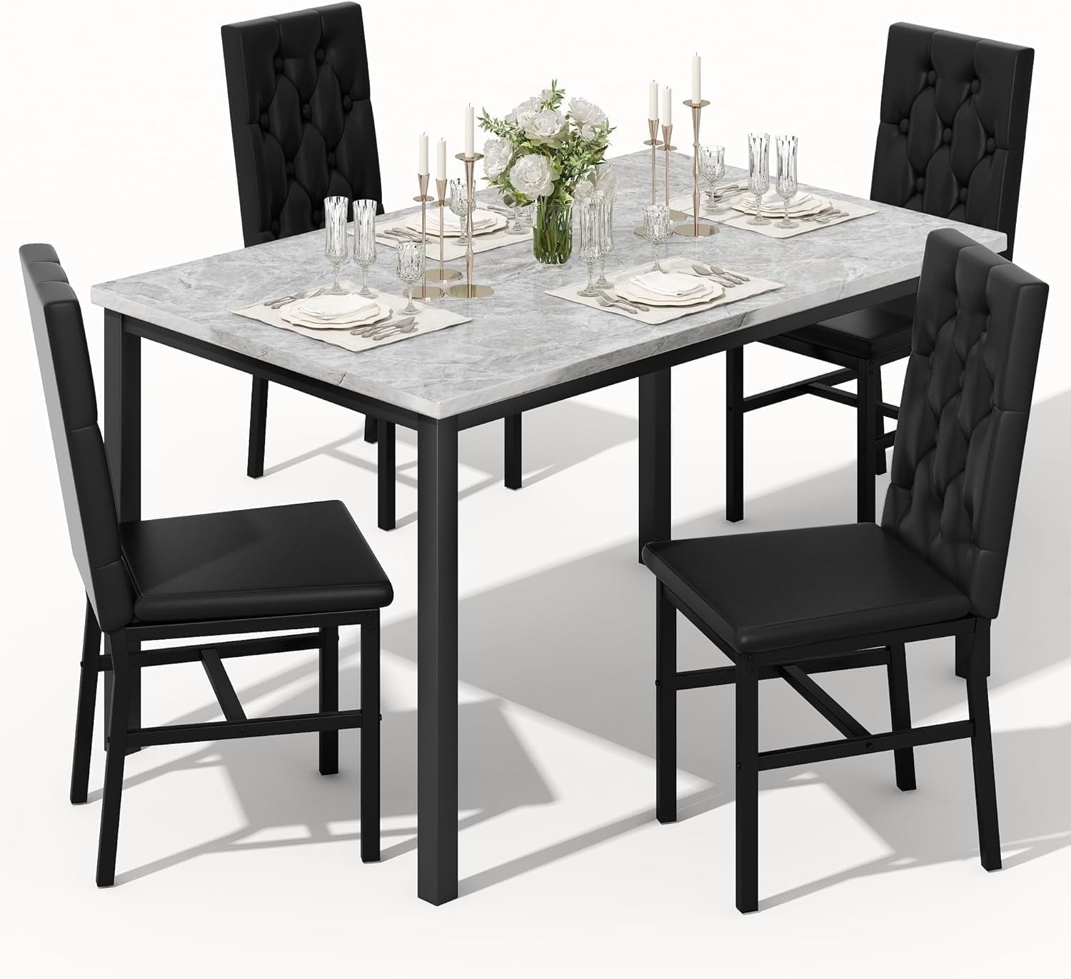 AWQM 5 Piece Dining Table Set, Faux Marble Kitchen Table and Chairs for 4, Dining Room Table Set with 4 PU Leather Chairs, White