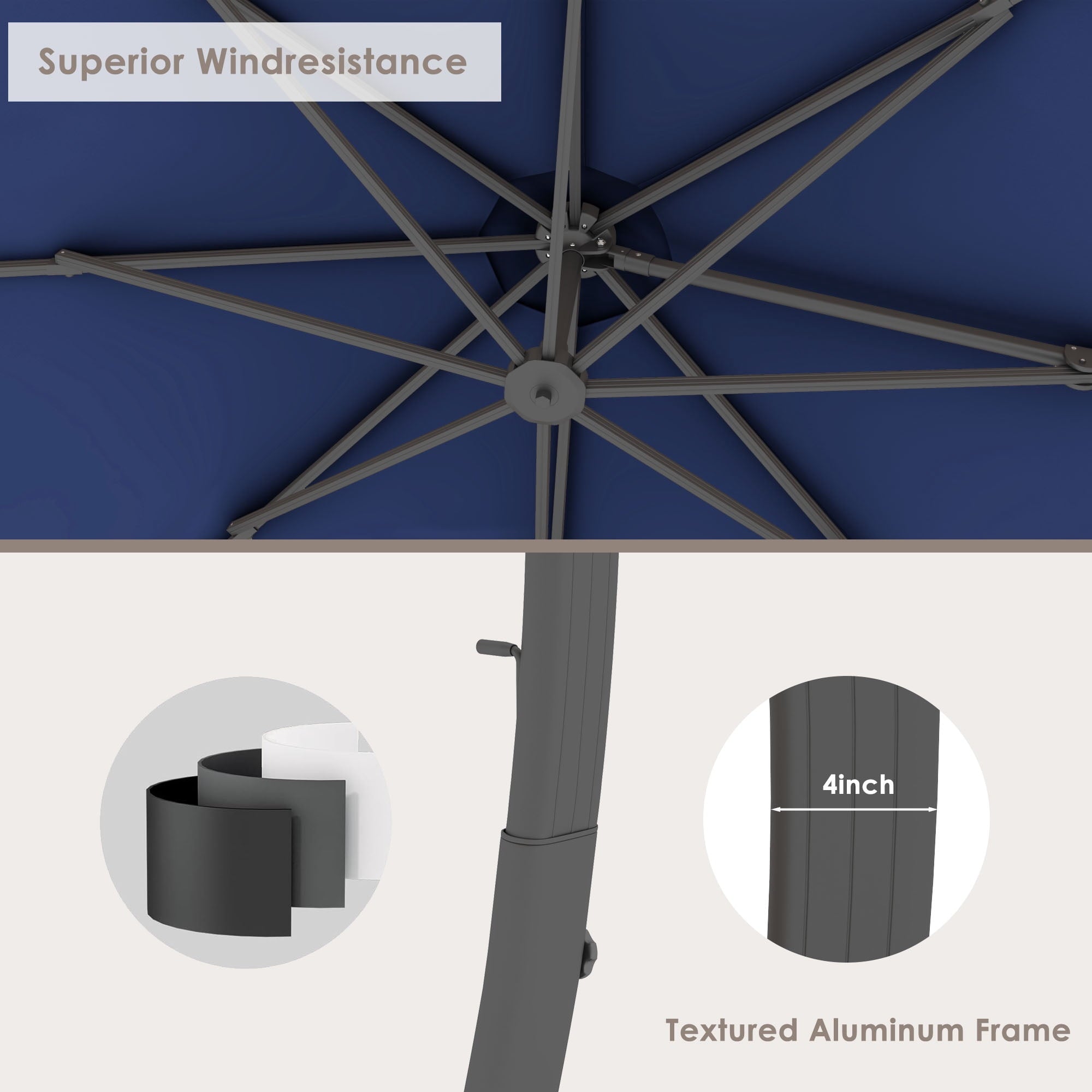 LAZZO 12ft Outdoor Patio Umbrella with Base and Lights, Aluminum Offset Cantilever Umbrella for Pool Deck, Champagne