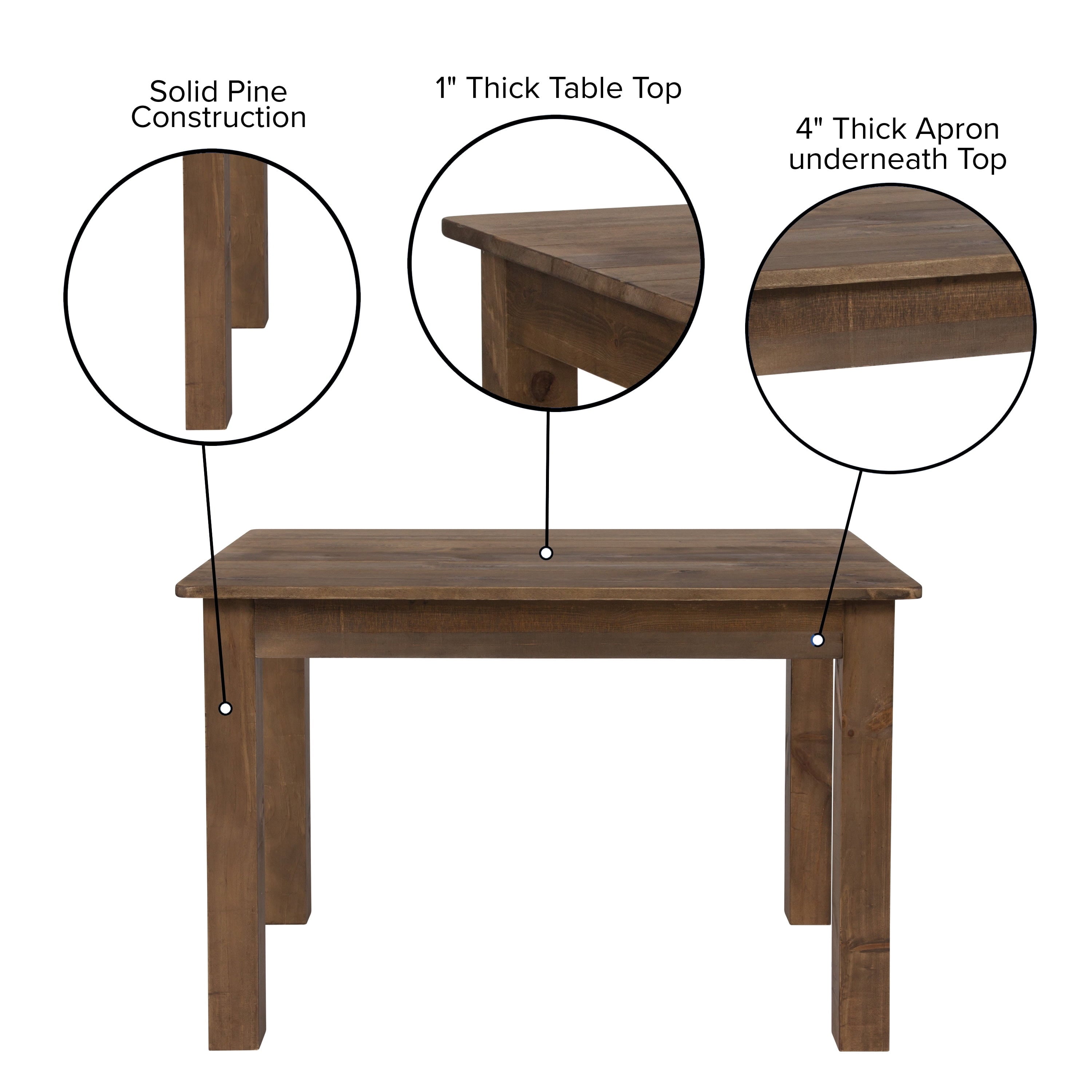 Jessamine 46 x 30 Rectangular Antique Rustic Solid Pine Farm Dining Table