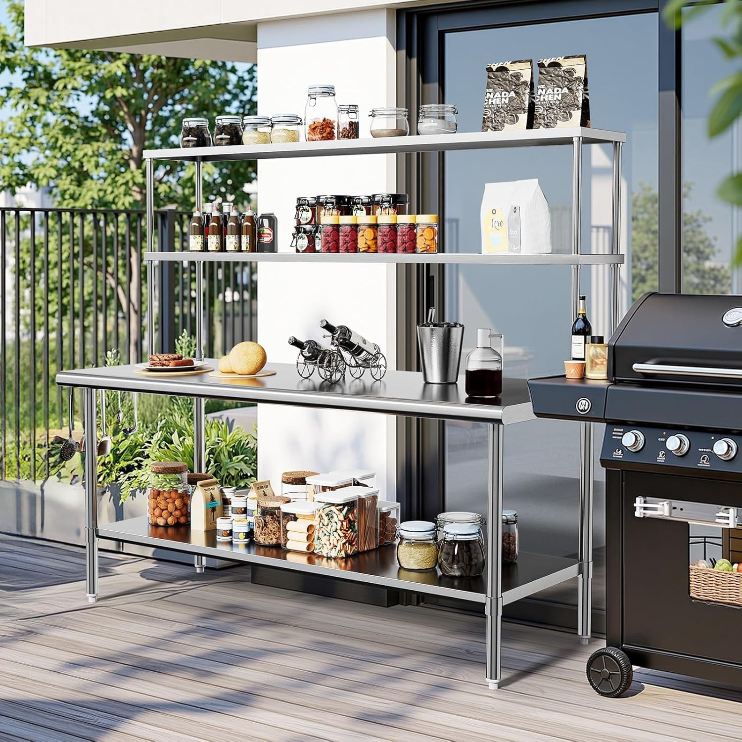 Ktaxon 72 x 30 Stainless Steel Workbench with Overshelves, NSF Commercial Heavy Duty Work Table with Adjustable Undershelf & Detachable Hooks