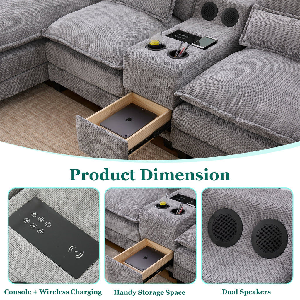 Villeston 126.77 U-Shaped Cloud Sofa With Chaise Lounge, Chenille Sofa With Wireless Charging, Bluetooth Speaker, Two Cup Holders, Storage Drawer, Suitable For Living Room,Gray