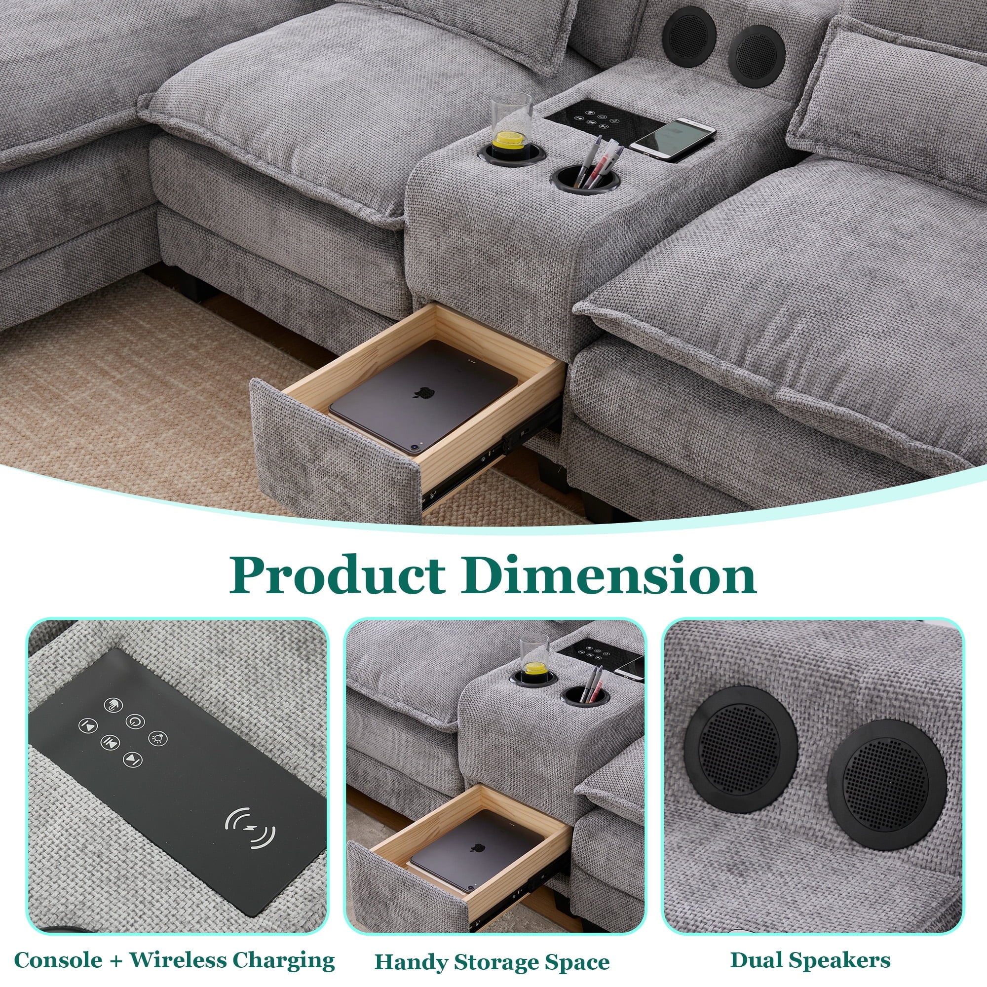 Villeston 126.77 U-Shaped Cloud Sofa With Chaise Lounge, Chenille Sofa With Wireless Charging, Bluetooth Speaker, Two Cup Holders, Storage Drawer, Suitable For Living Room,Gray