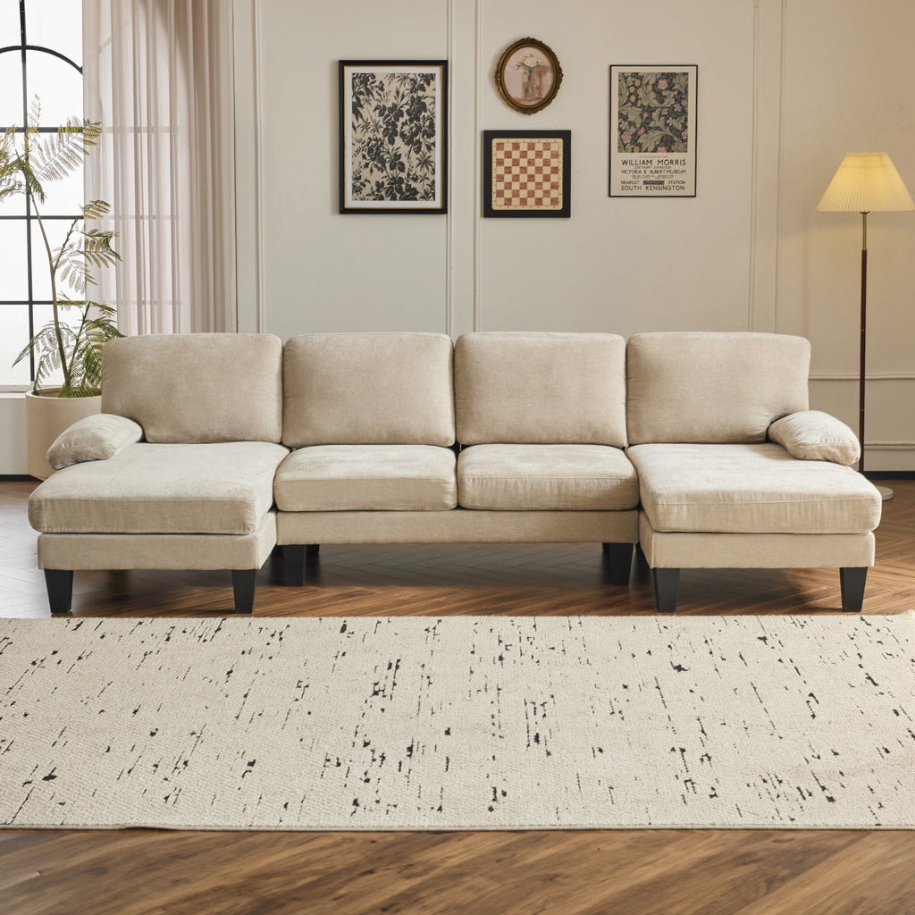 Ktaxon U-Shaped Sectional Sofa, 111  Chenille Couch, 4 Seat Lounge Sleeper with Double Chaise for Living Room Black