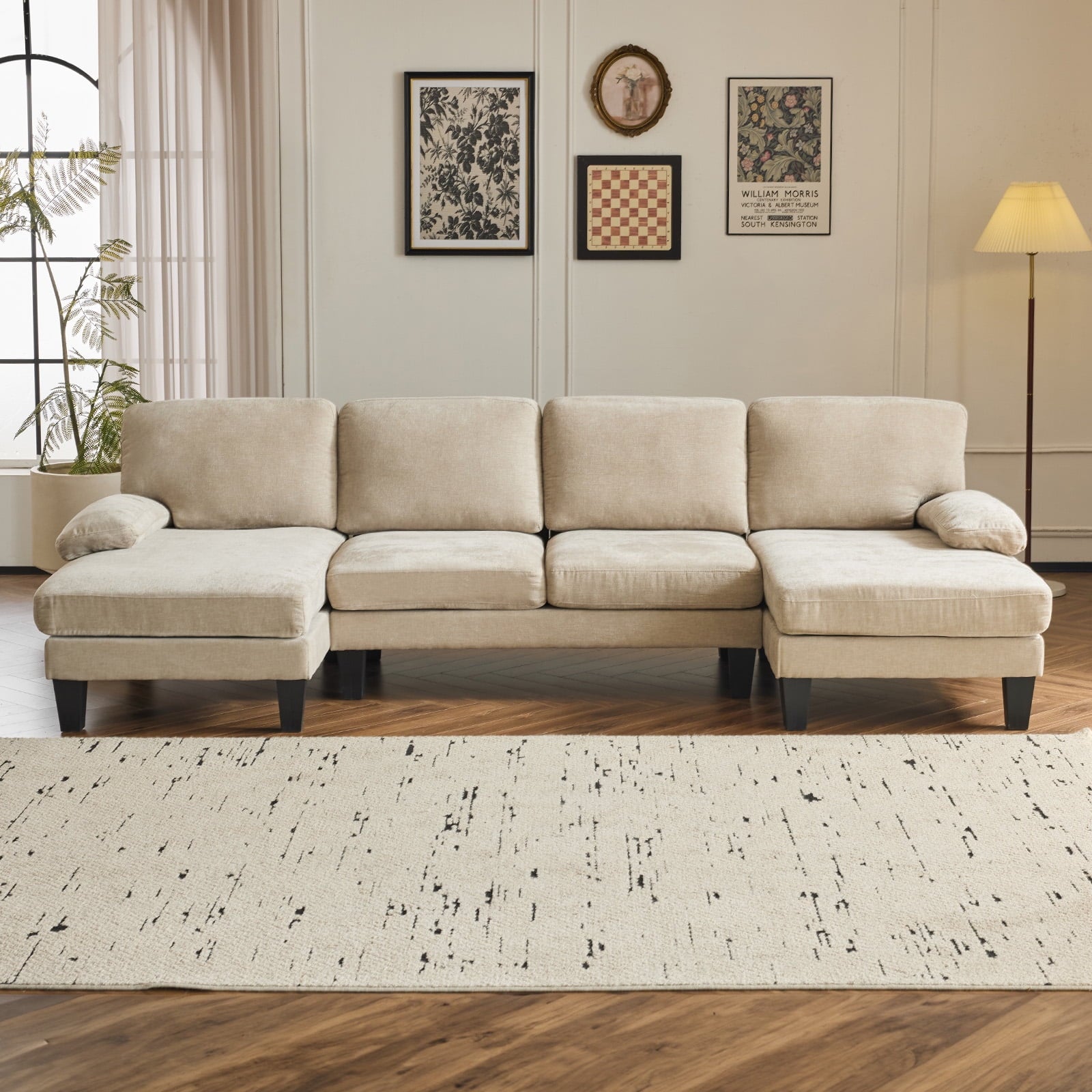 Ktaxon U-Shaped Sectional Sofa, 111  Chenille Couch, 4 Seat Lounge Sleeper with Double Chaise for Living Room Black