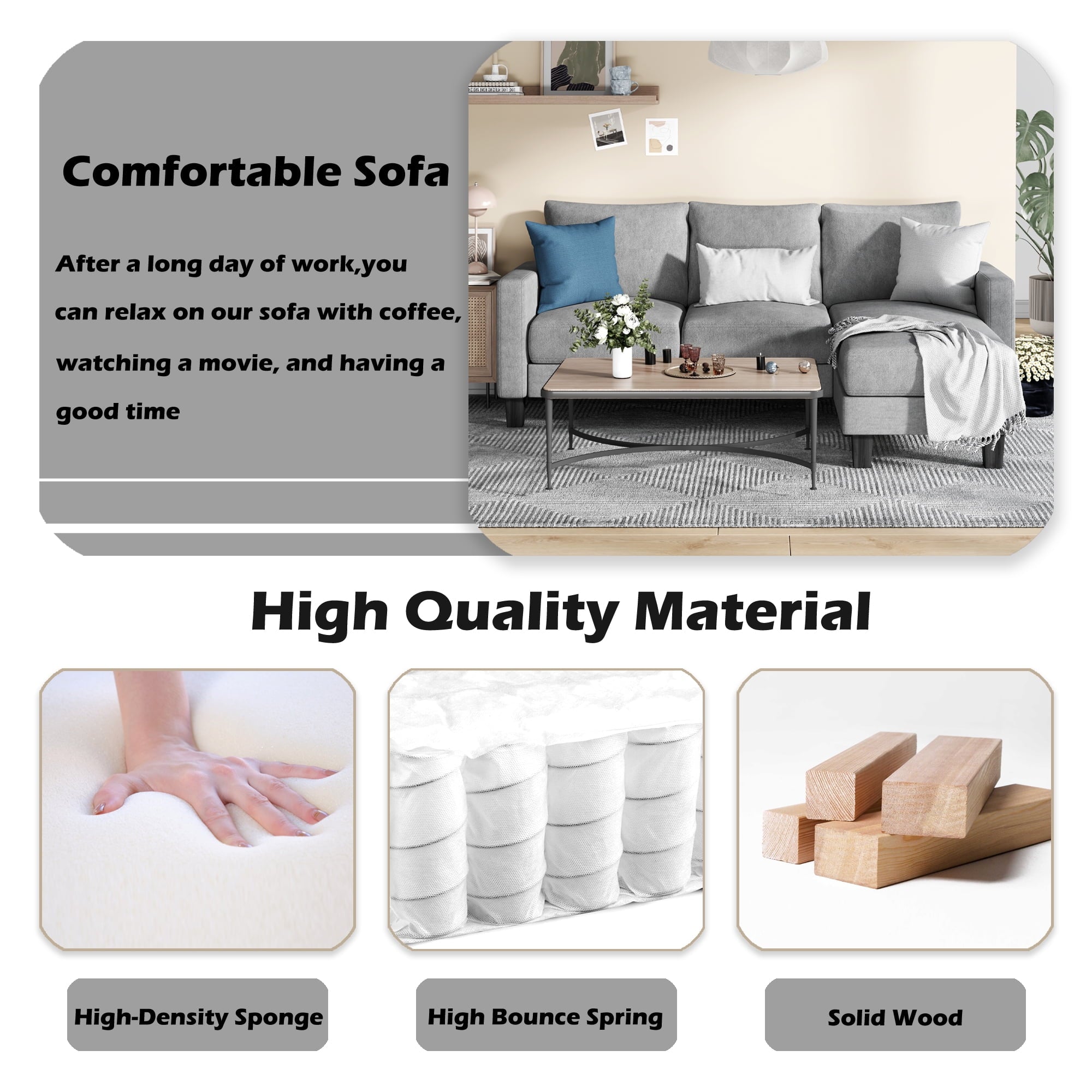 Homall Convertible Sectional Sofa Couch, Modern Linen Fabric L-Shaped Couch 3-Seat Sofa Sectional with Reversible Chaise for Small Living Room, Apartment and Small Space, Light Gray