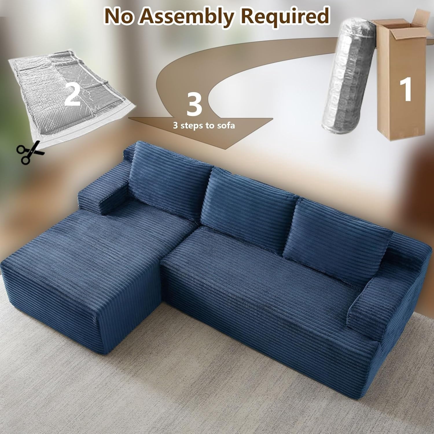 96 Boneless Cloud Couch with Chaise, Modular Sectional Sofa for Living Room, No Assembly Required, Deep Seat Corduroy Couch, Green