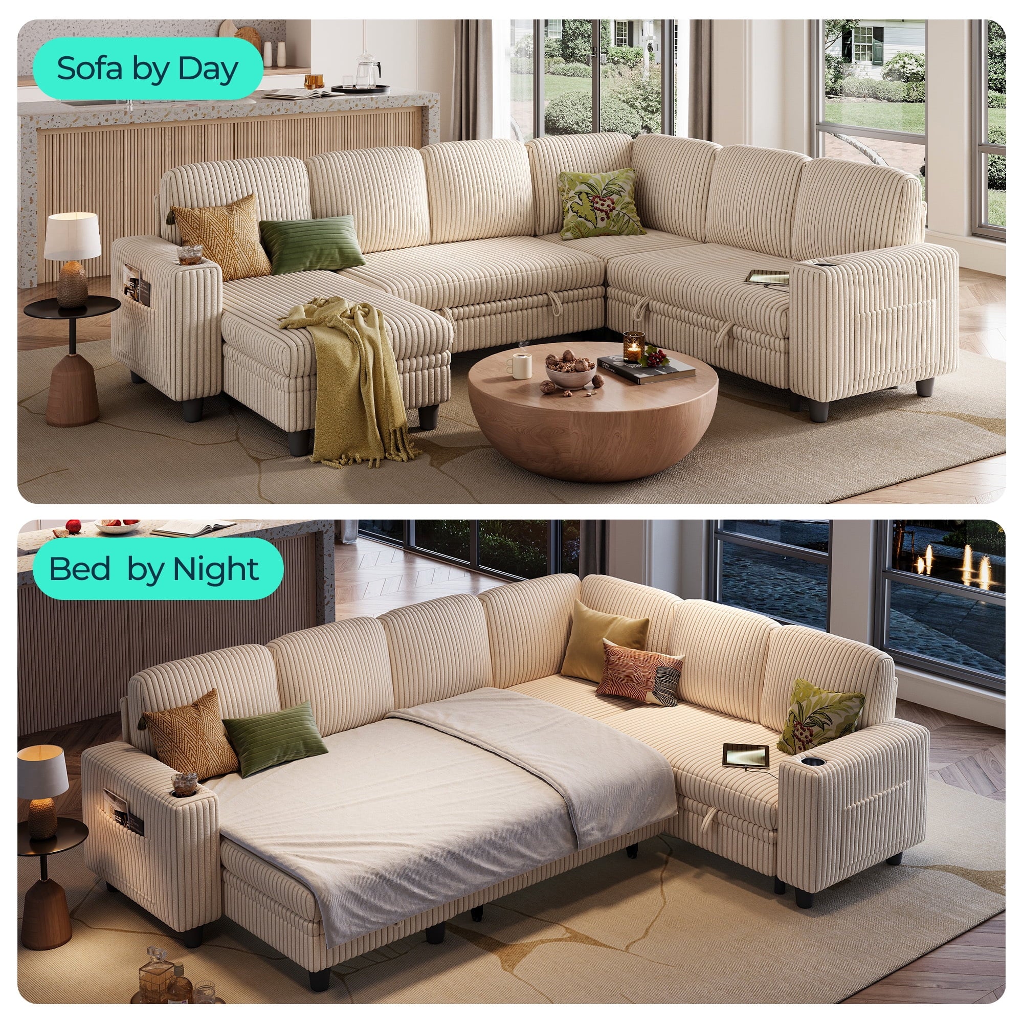 LINSY HOME L Shaped Sectional Couches for Living Room, Sleeper Sofa Bed with Reversible Storage Chaise, Pull Out Couch Bed with USB, Cup Holder, Black