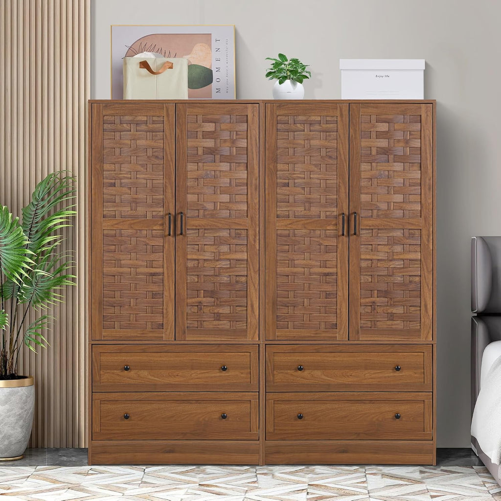 Wirrytor Freestanding Wooden Armoire Wardrobe with 2 Woven Doors and Storage Drawers, Space-Saving Closet Cabinet for Bedroom, Sturdy Mdf Board Closet with Hanging Rail