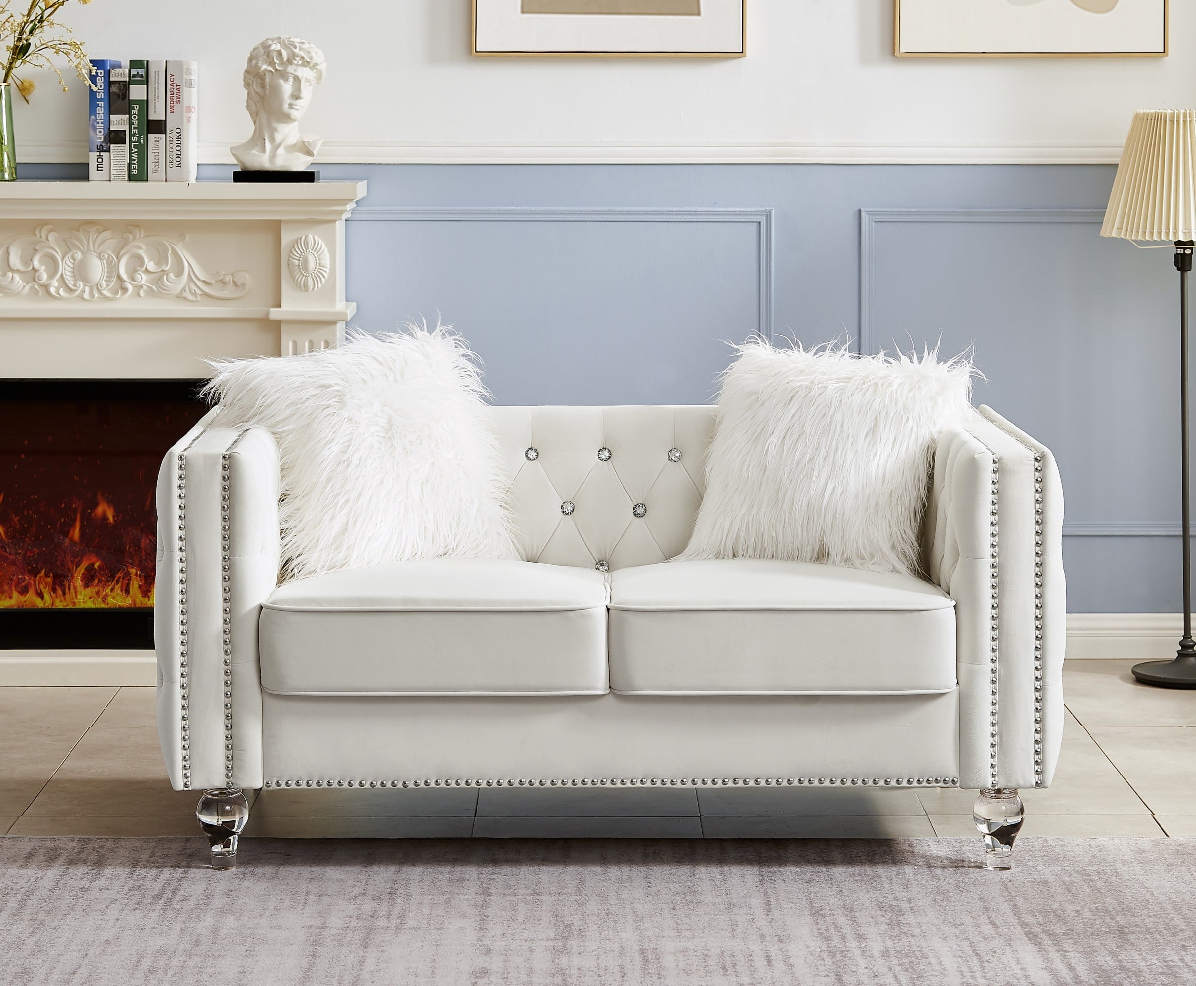 Gewnee 86.6 Modern Sofa Couch,Teddy Velvet 3 Seaters Comfy Couch with Deep Seat for Living Room,2 Pillows,Beige