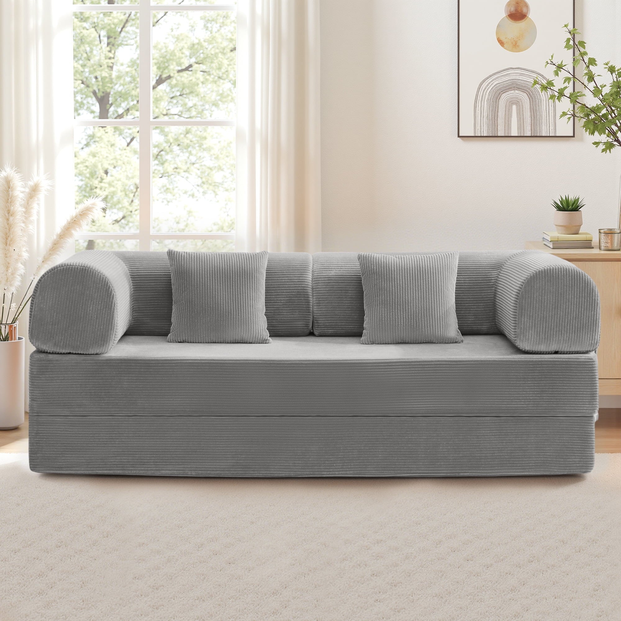 COOLHUT 63 W Combination Sofa, High Rebound Density Foam Sofa Couch, Two Forms Floor Couch Three Seats Sofa Bed for Living Room, Bedroom, Green