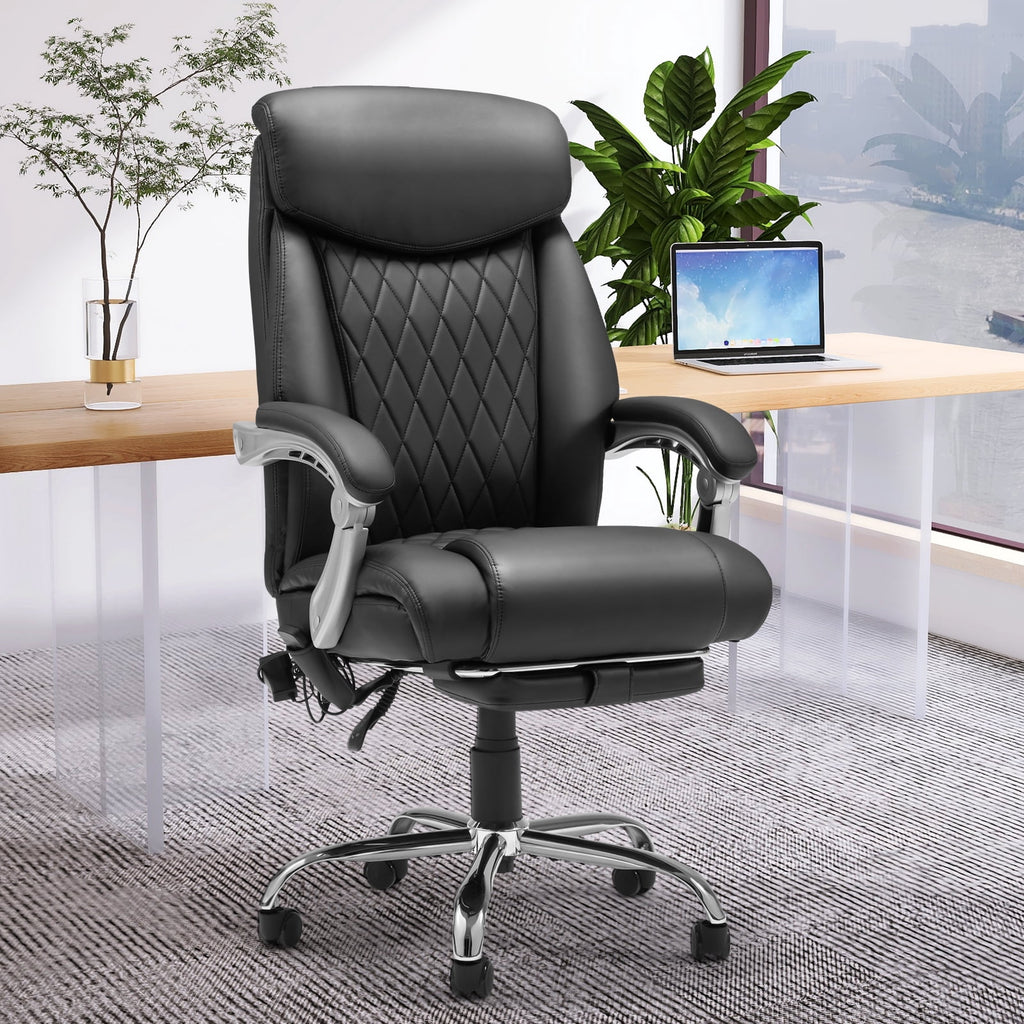 HOMREST Ergonomic Office Chair with 6-Point Massage & Heating, Adjustable Executive Desk Chair with Retractable Footrest, PU Leather Home Office Desk Chair for Home & Office (Black)