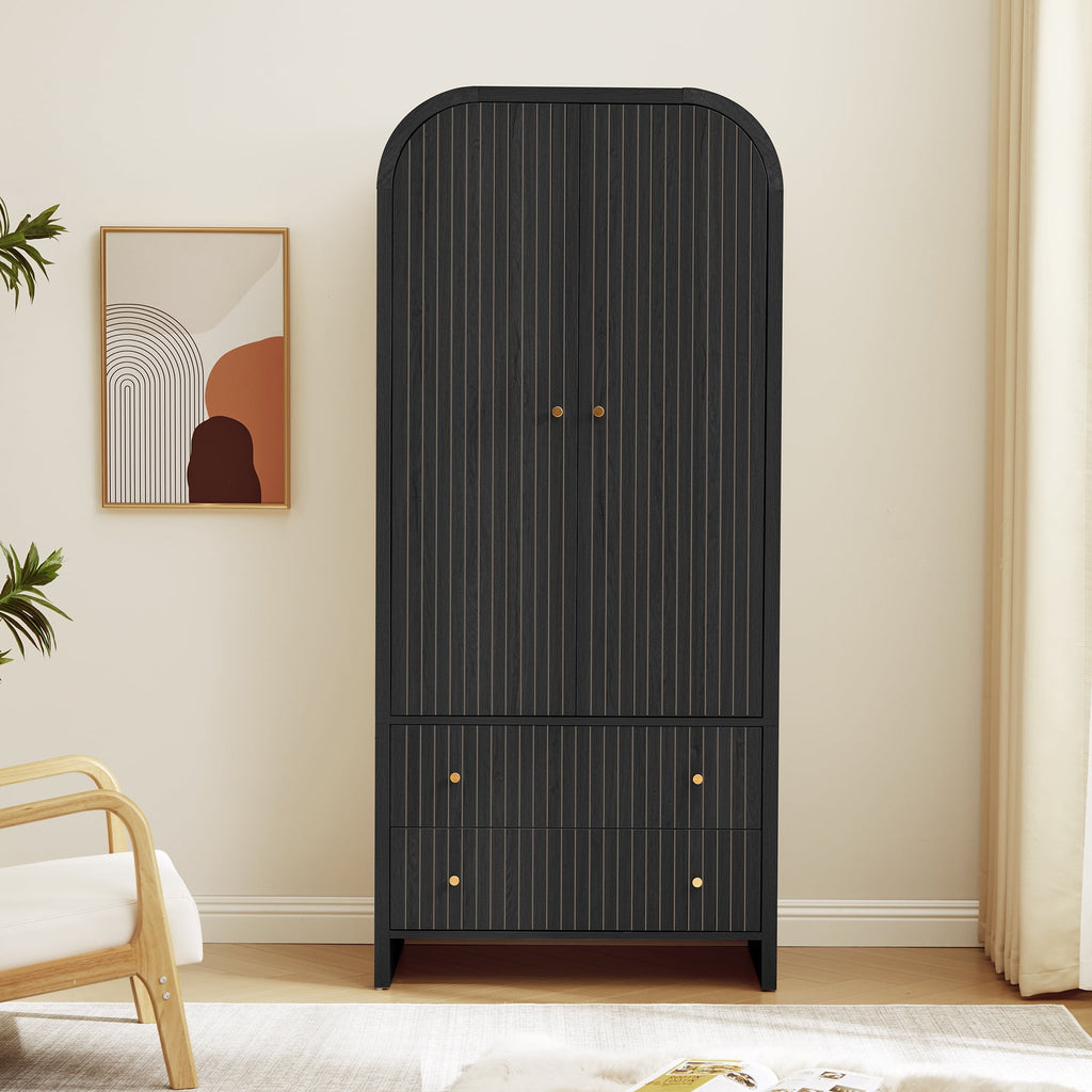 Wirrytor Freestanding Wooden Armoire Wardrobe with 2 Woven Doors and Storage Drawers, Space-Saving Closet Cabinet for Bedroom, Sturdy Mdf Board Closet with Hanging Rail
