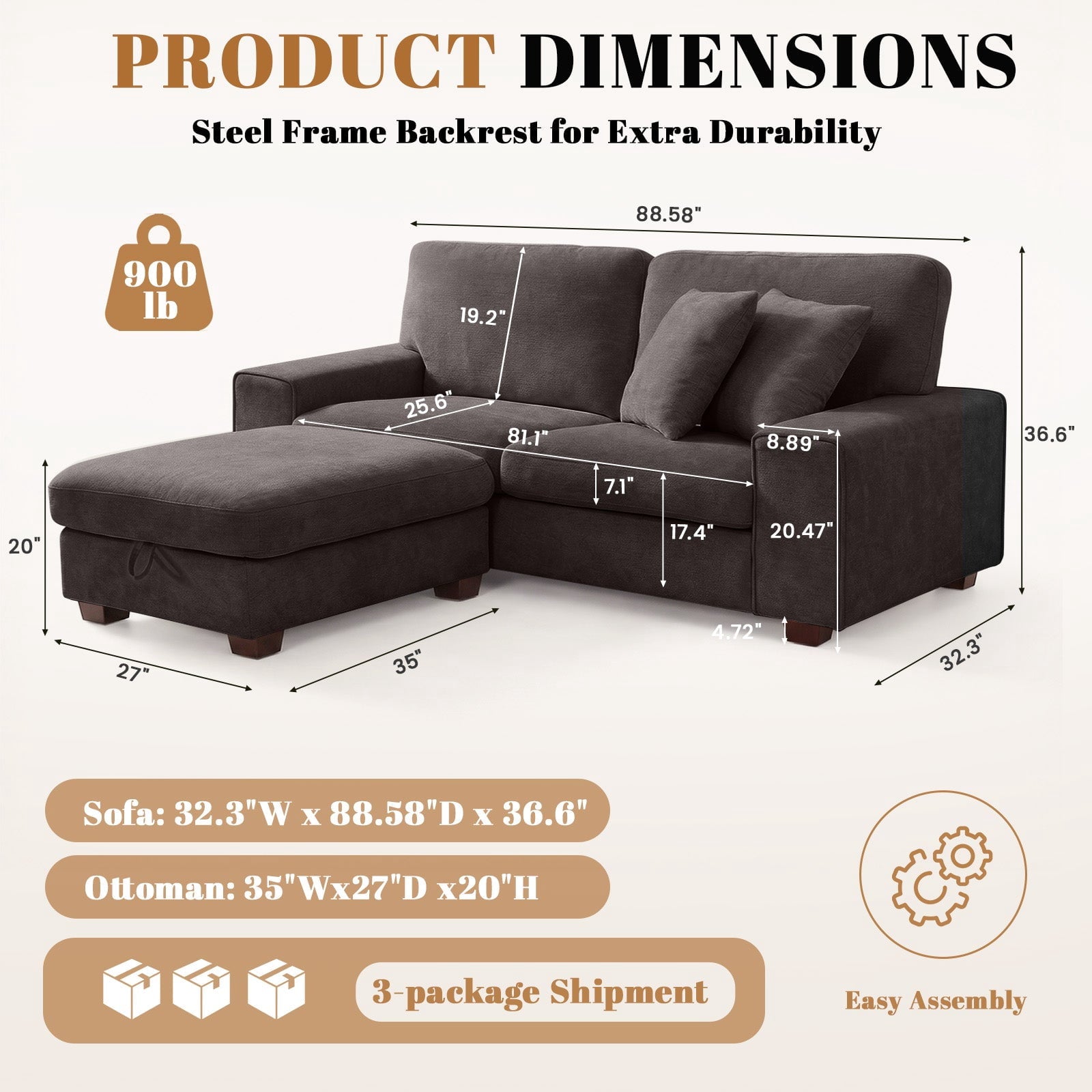 Poshby 88.58''W 3 Seater Sofa Couch with Chenille, Modern Square Arm for Living Room, Light Gray