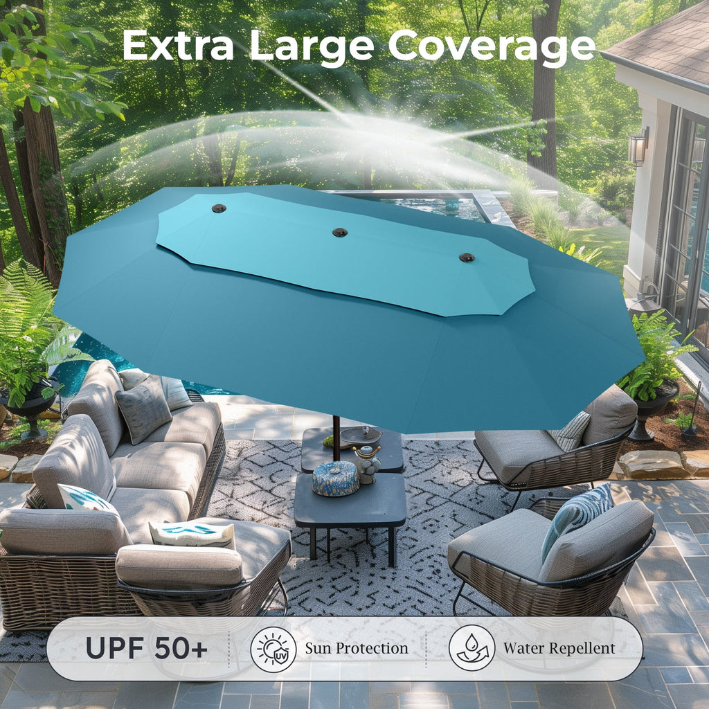 Alpha Joy 15ft Dual-Layer Outdoor Patio Umbrella Extra-Large Double-Sided Garden Umbrella with Ventilation and Base - Beige