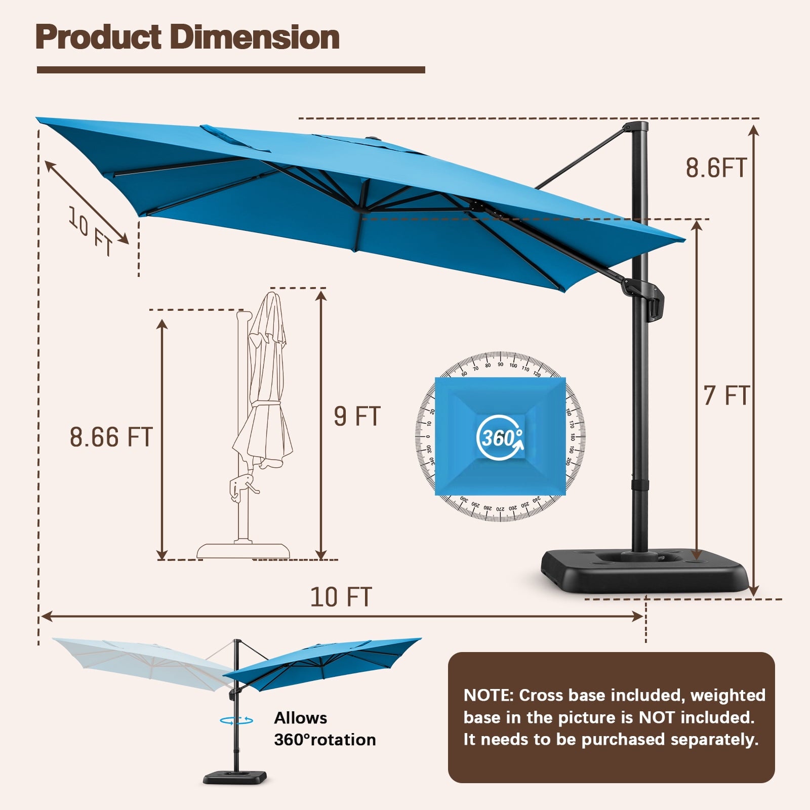 COBIZI 10x10ft Patio Cantilever Umbrella Double Roof Large Rectangular Deck Offset Umbrellas, Square Outdoor Patio Umbrella with 360°Rotation & Heavy-Duty Aluminum Frame,for Poolside Garden,Beige