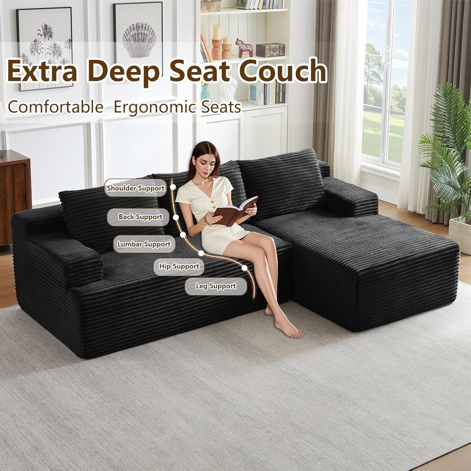 96 Boneless Cloud Couch with Chaise, Modular Sectional Sofa for Living Room, No Assembly Required, Deep Seat Corduroy Couch, Green