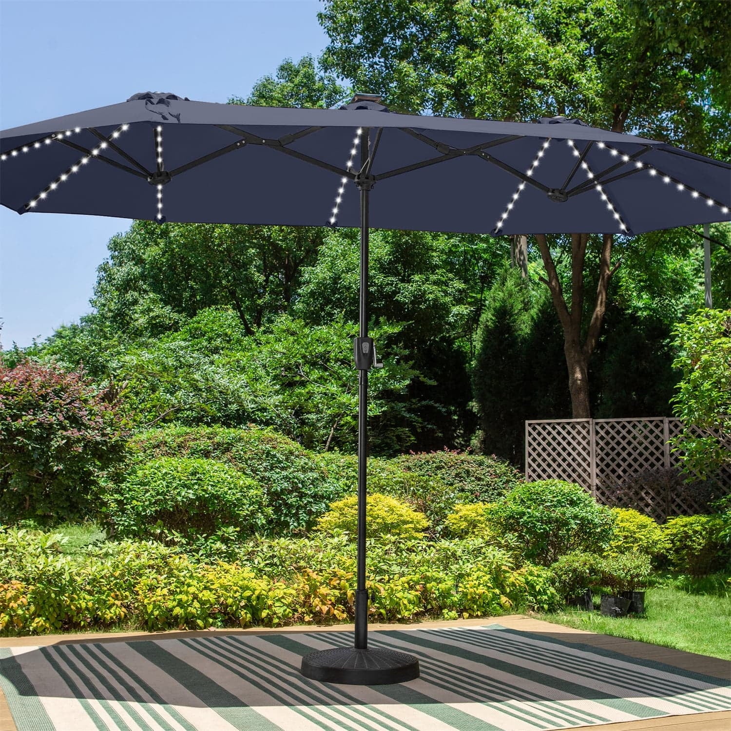 SUMMIT LIVING 13ft Large Patio Umbrella with Multi-Color LED Solar Lights Double-Sided Rectangular Outdoor Table Umbrella – Beige