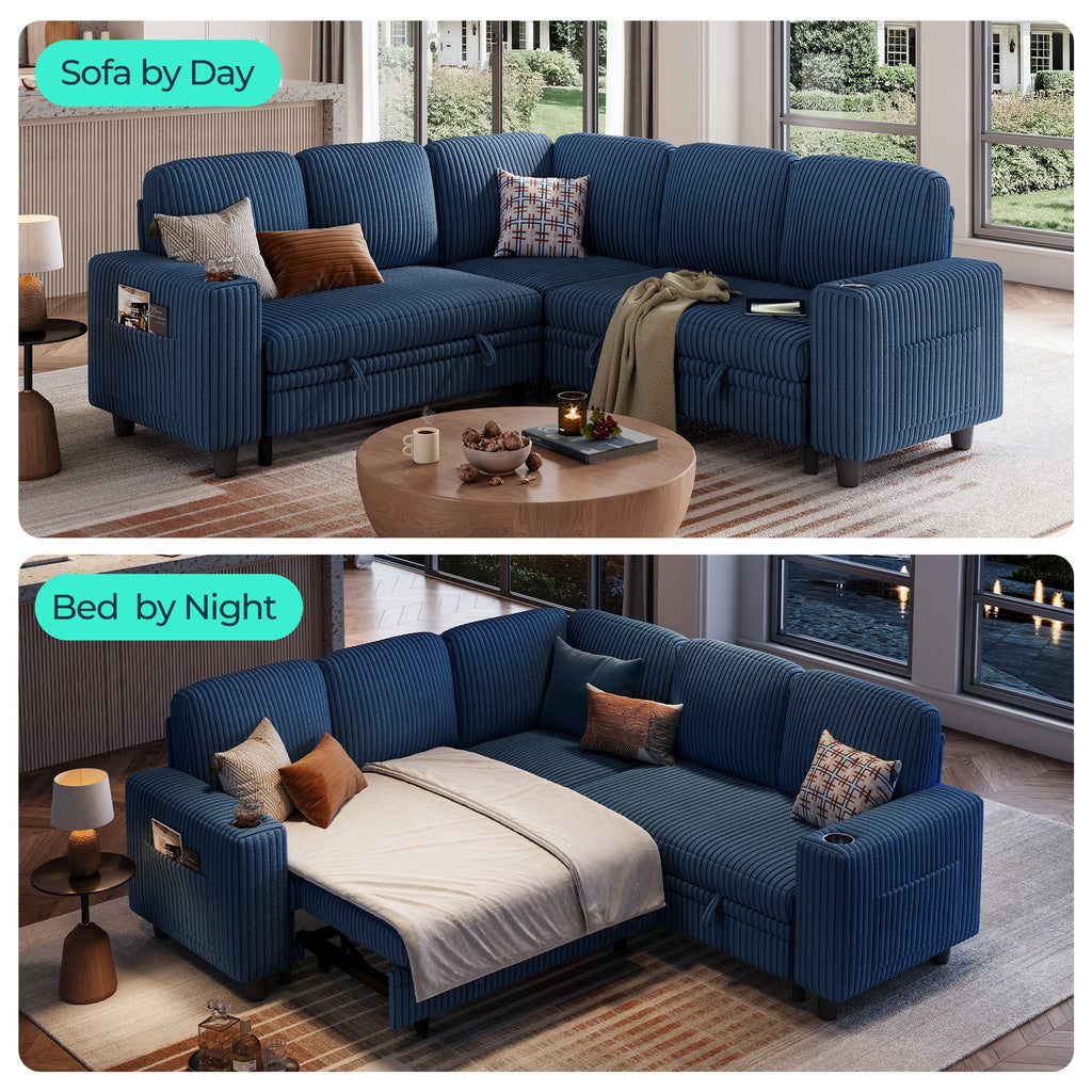 LINSY HOME L Shaped Sectional Couches for Living Room, Sleeper Sofa Bed with Reversible Storage Chaise, Pull Out Couch Bed with USB, Cup Holder, Black