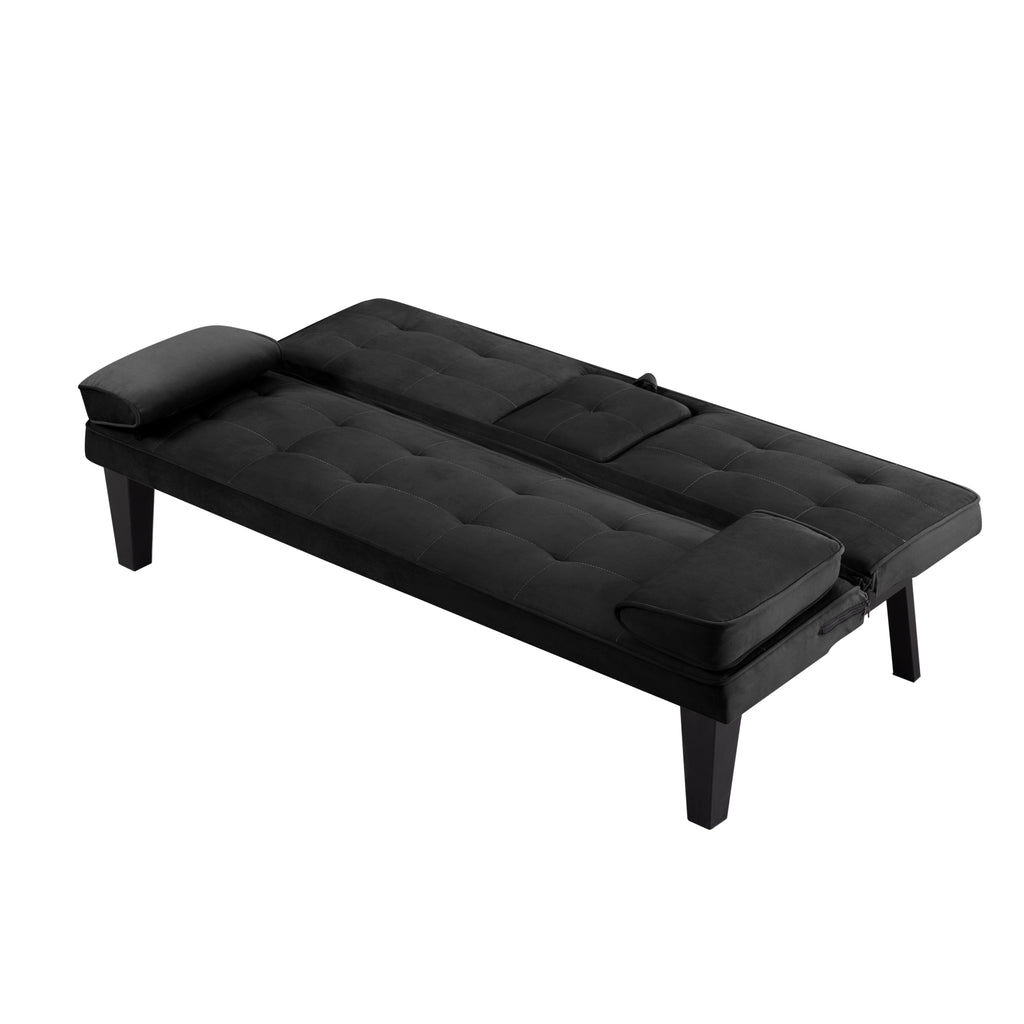 BSHTI 65 Modern Velvet Futon Sofa Bed with Drop Down Cup Holders, 3-Position Adjustable Backrest, Removable Arm Cushions, Chrome Legs for Living Room & Guest Room Black