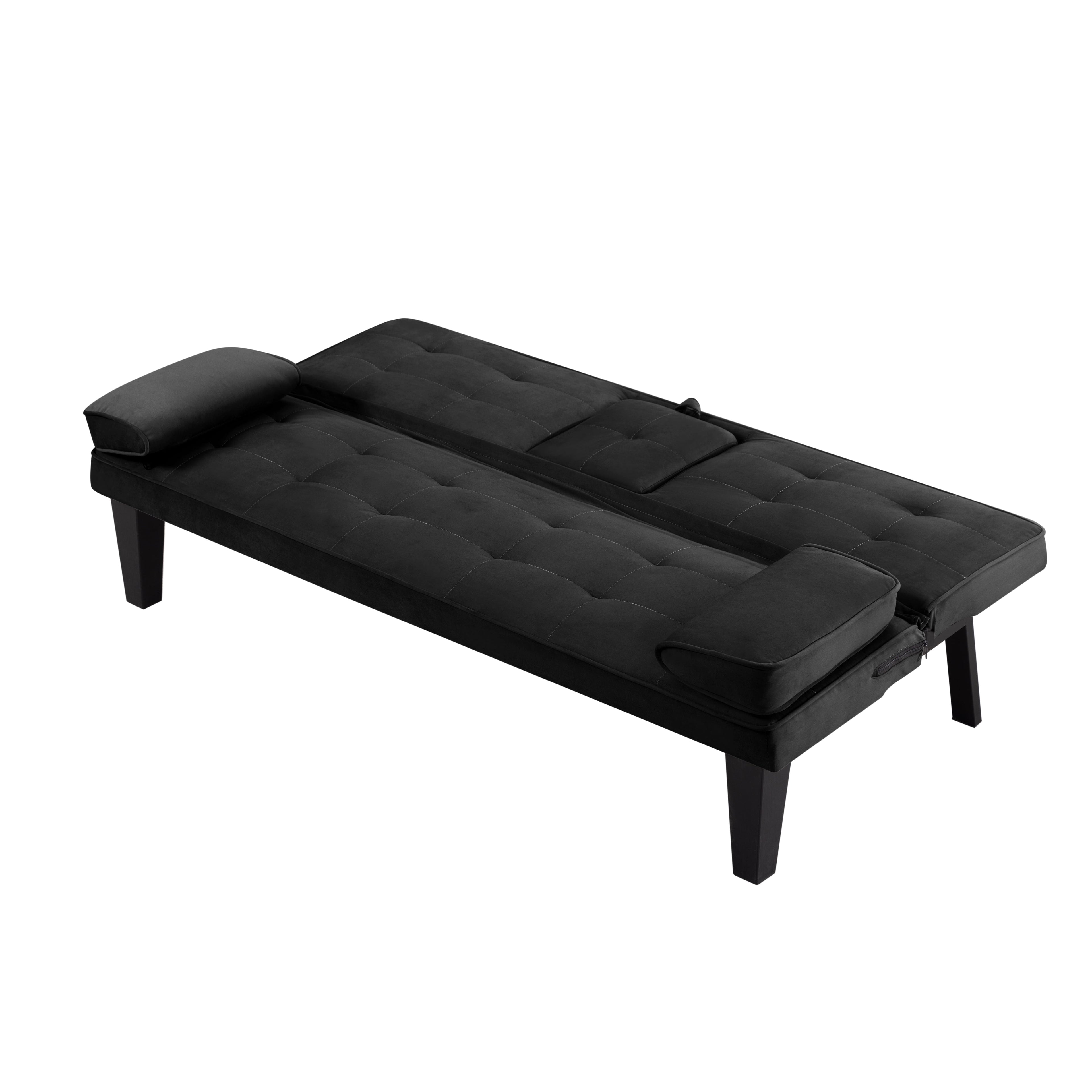 BSHTI 65 Modern Velvet Futon Sofa Bed with Drop Down Cup Holders, 3-Position Adjustable Backrest, Removable Arm Cushions, Chrome Legs for Living Room & Guest Room Black