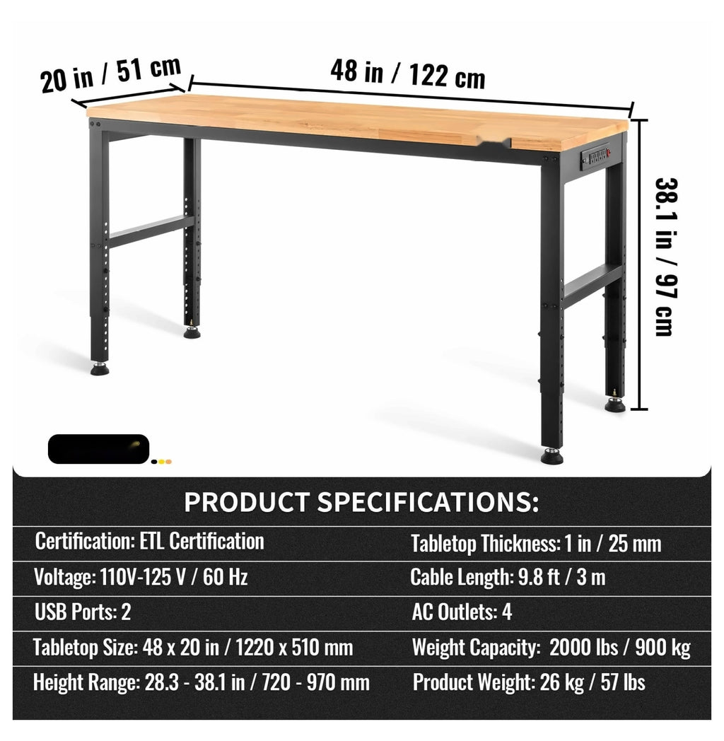 Adjustable Height Workbench 48x20, 2000 LBS Capacity Garage Work Table w/Power Outlets, Hardwood Top & Metal Frame, for Office Home DIY Projects