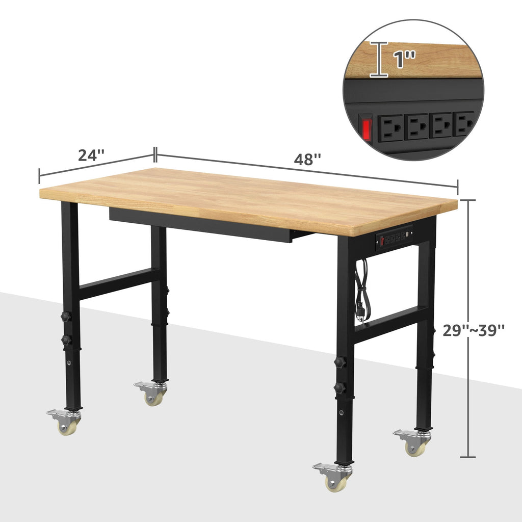 60 Adjustable Workbench,Heavy-Duty Work Table,3000 LBS Load Capacity Hardwood Workstation Outlets with Power strips and Wheels,for Workshop, Garage