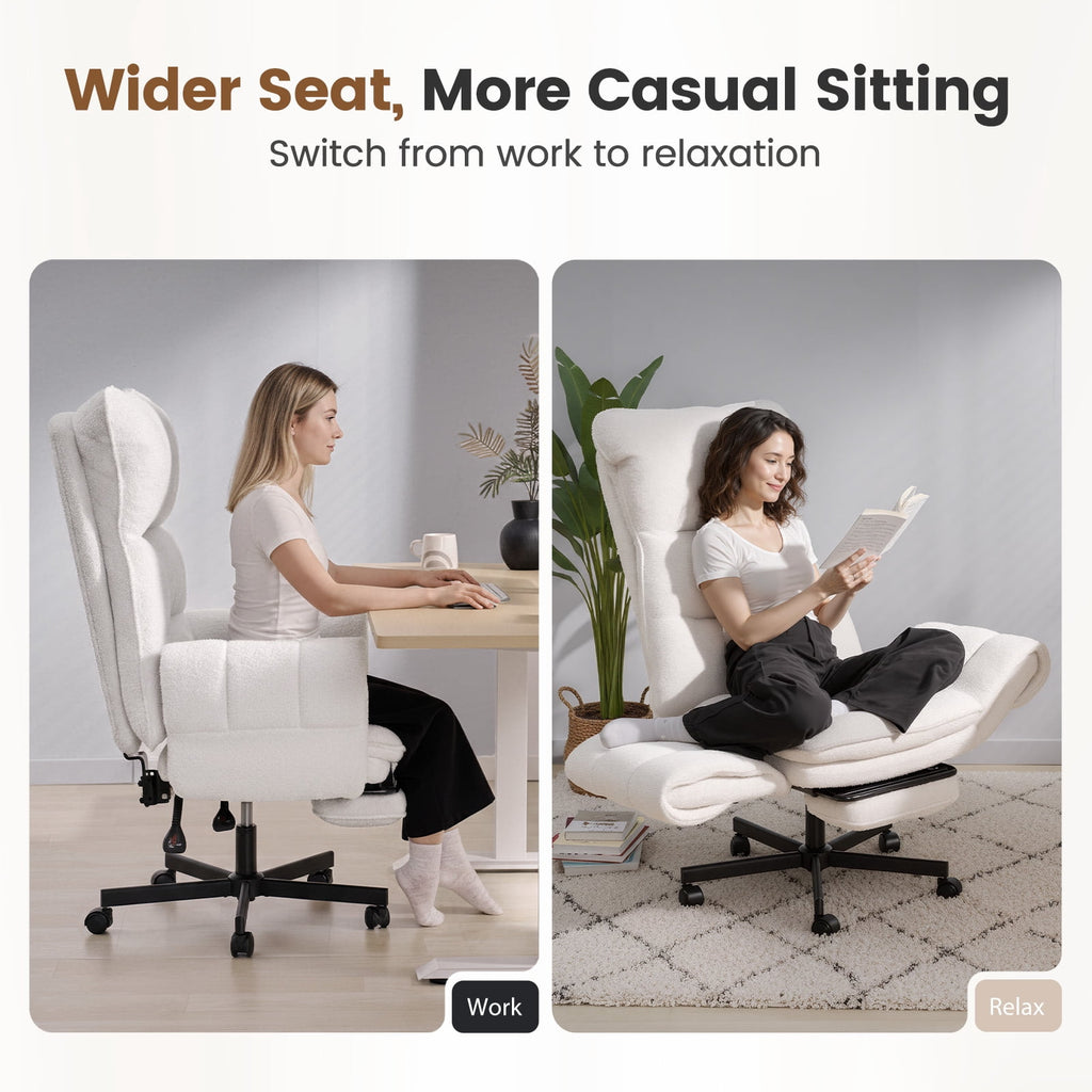 Patbrela Big and Tall Office Chair, Teddy Plush Swivel Desk Chair Ergonomic Computer Chairs with Adjustable Armrests, Beige