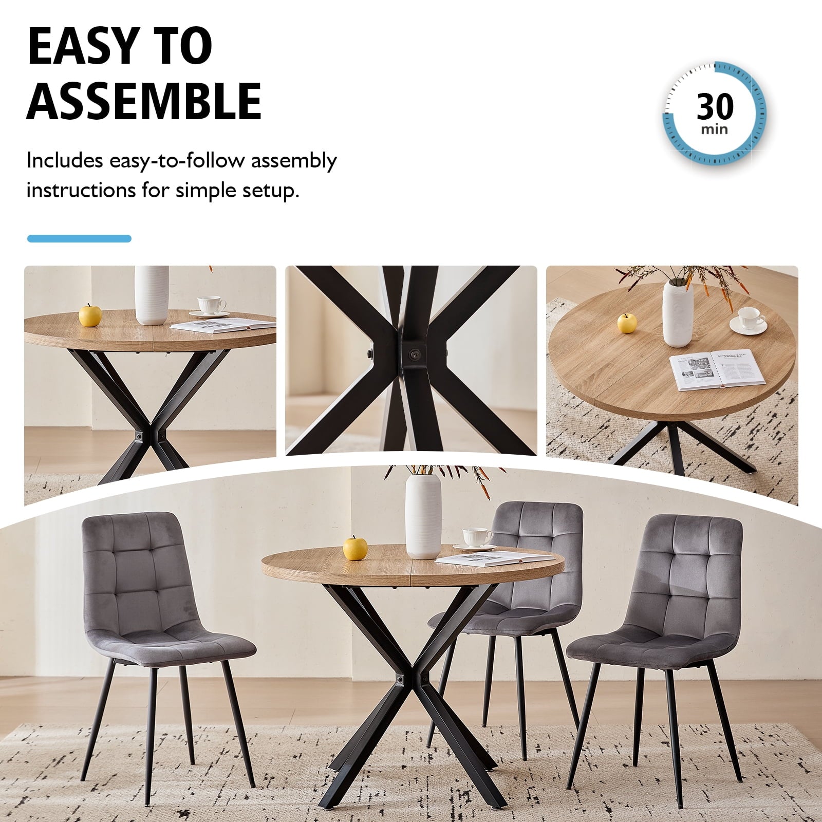 5 Piece 39 Round Dining Table Set for 4, Mid Century Kitchen Table with 4 Khaki Fabric Upholstered Dining Chairs for Apartment Living Room, Space Saving Table.
