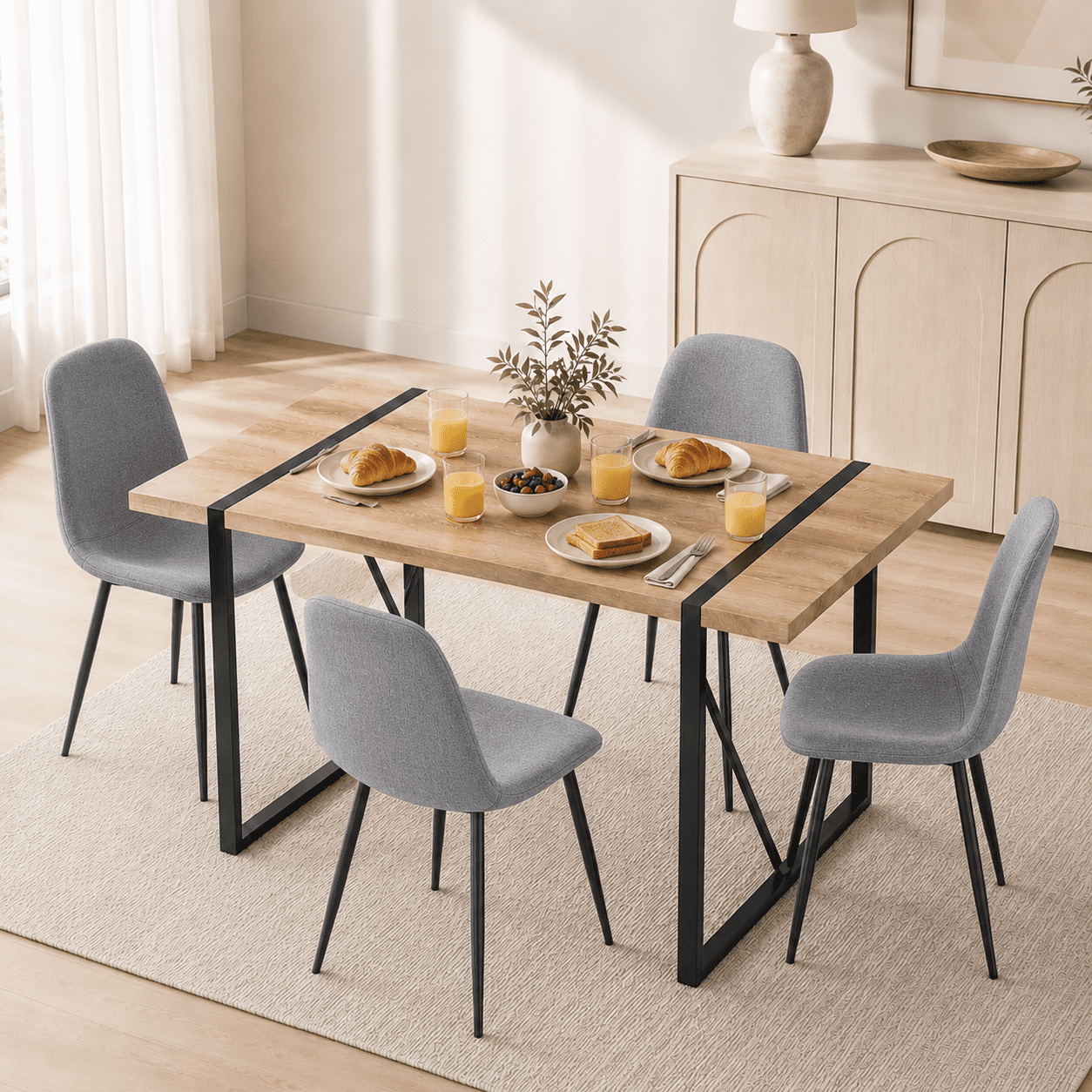 JUFU 55 Dining Table Set for 4, Modern Table and Chairs Set of 4, 5 Piece Dining Table Set Include Wooden Kitchen Table and 4 Faux Leather Chairs Ideal for Kitchen Dining Room Easy to Assemble