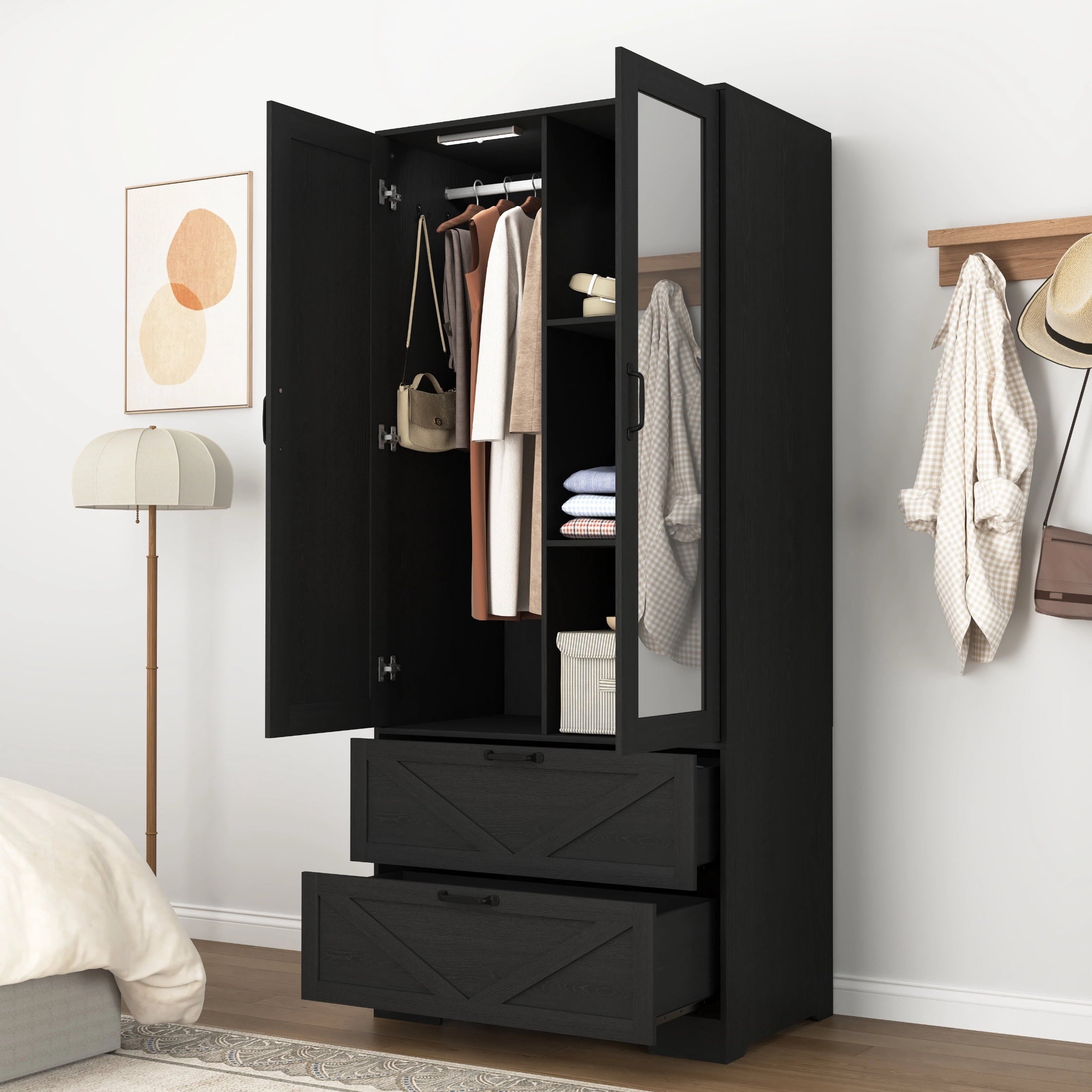 AISWORD 60 Tall Metal Wardrobe Cabinet with 1 Drawer and Hanging Rod, 2 Doors Closet with Adjustable Shelf, White