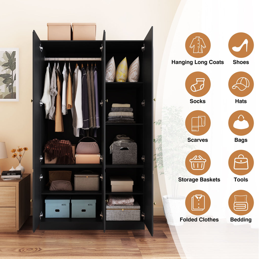 Wirrytor Freestanding Wooden Armoire Wardrobe with 2 Woven Doors and Storage Drawers, Space-Saving Closet Cabinet for Bedroom, Sturdy Mdf Board Closet with Hanging Rail