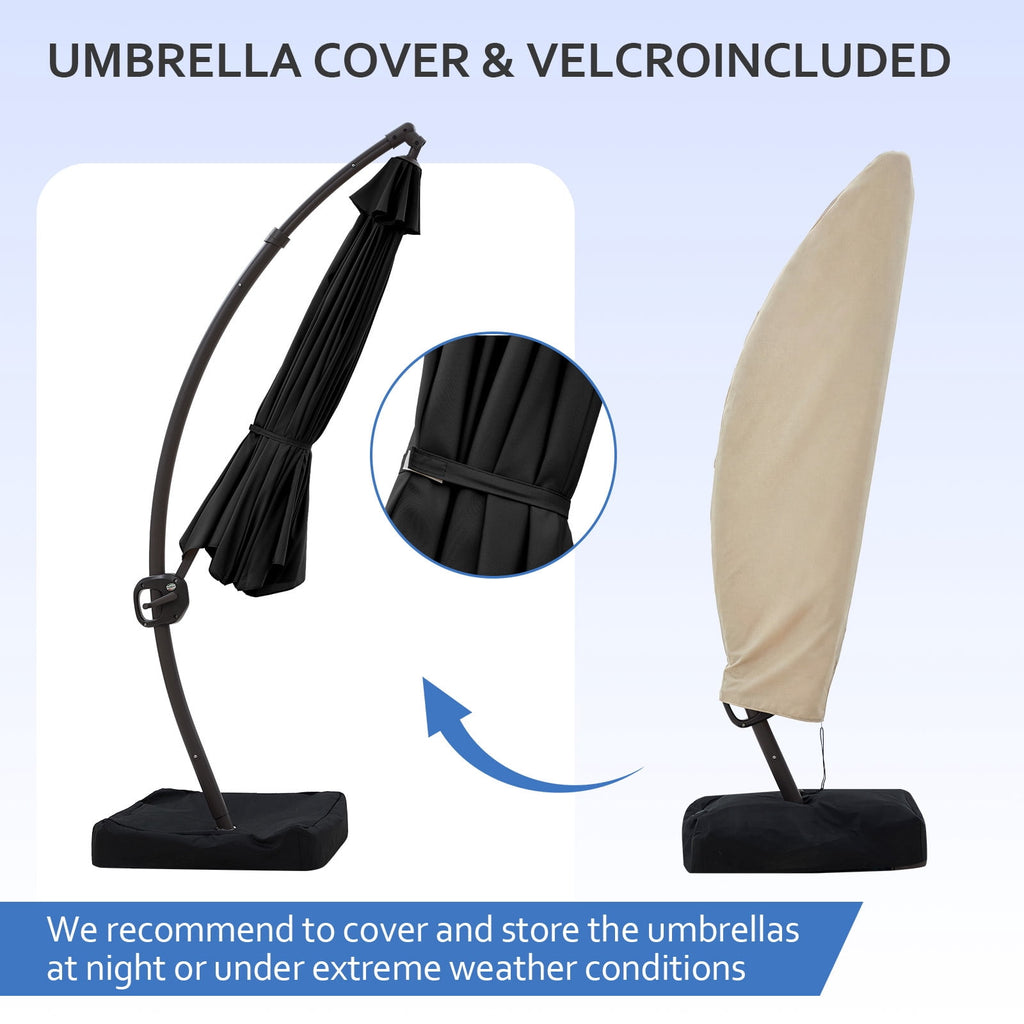 FUNDAZE 11ft Market Patio Umbrella with Base, Curved Cantilever Hanging Sun Shade with Crank & Tilt for Garden, Deck, Poolside,Beige