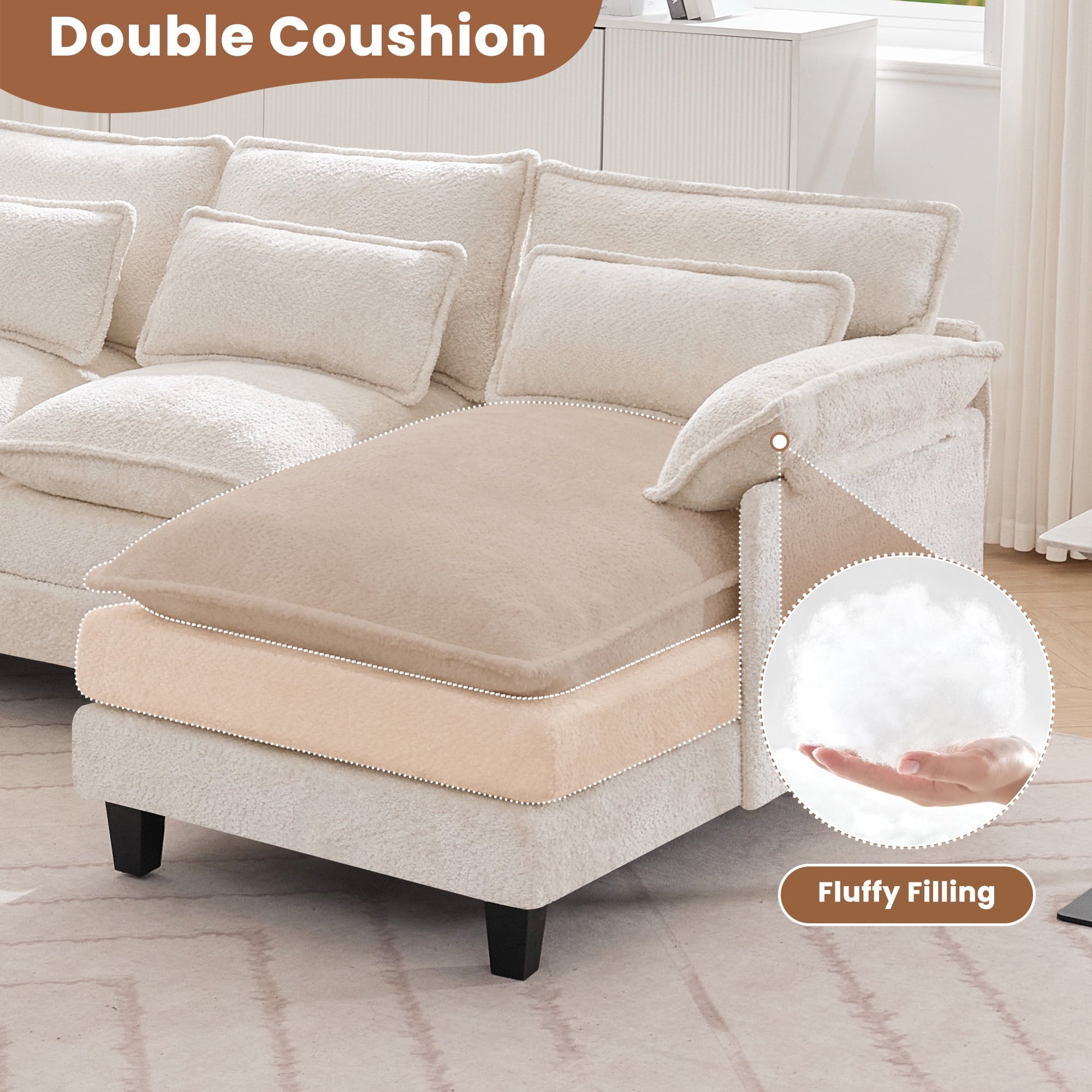 JONPONY109.45 U Shaped Couch,Oversized 4 Seat Sectional with 4 Waist Pillows, Convertible Upholstery Symmetrical Sofá,Sleeper Sofa Couch with Double Chaise Lounge &Memory Foam for Living Room, Beige