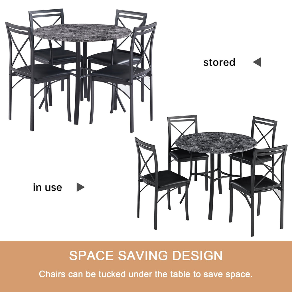 VECELO 5-Piece Dining Table Set, Modern Faux Marble Table and 4 Upholstered Chairs Set for 4, Round Dining Room Table Set for Small Space, Breakfast Nook, Apartment, Black