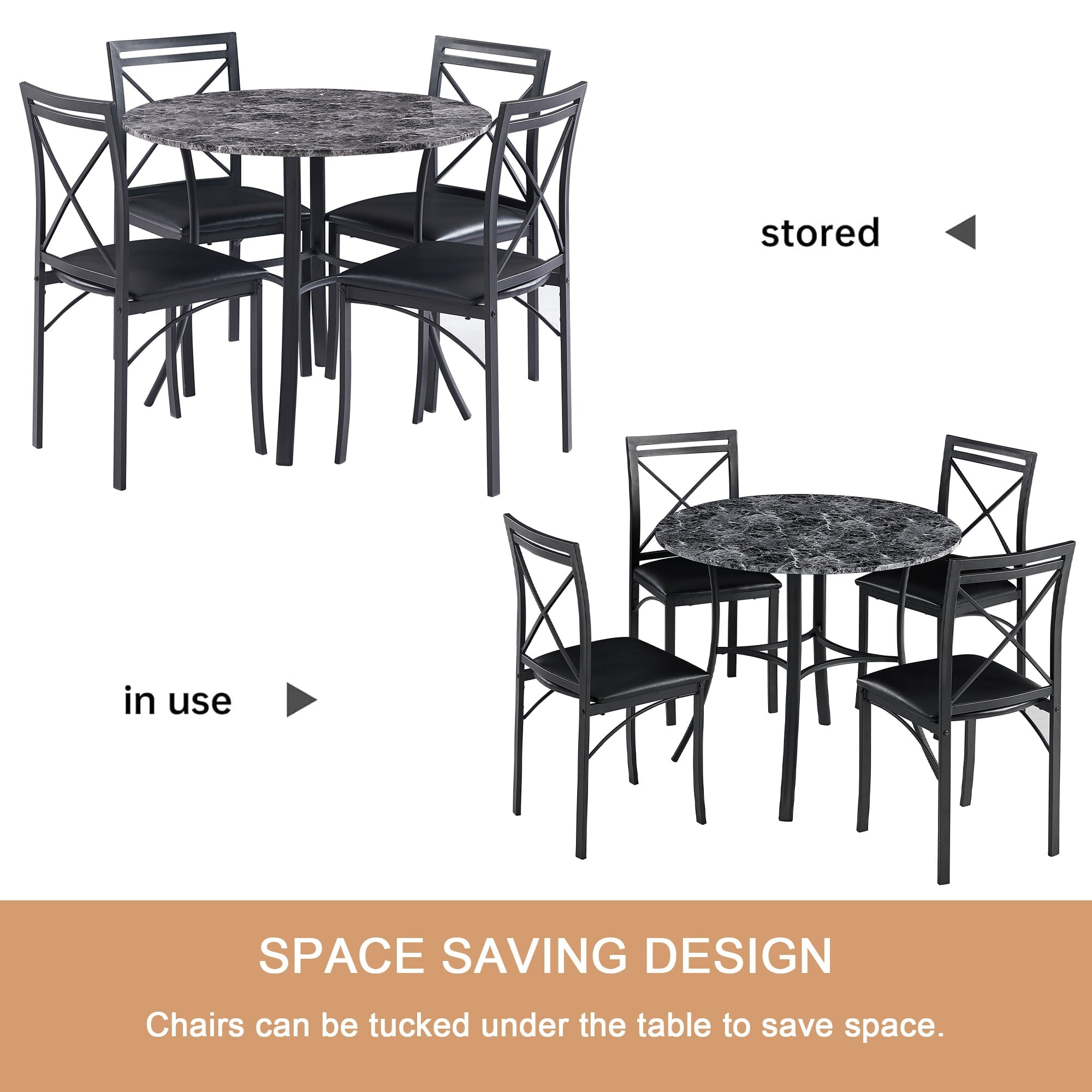 VECELO 5-Piece Dining Table Set, Modern Faux Marble Table and 4 Upholstered Chairs Set for 4, Round Dining Room Table Set for Small Space, Breakfast Nook, Apartment, Black