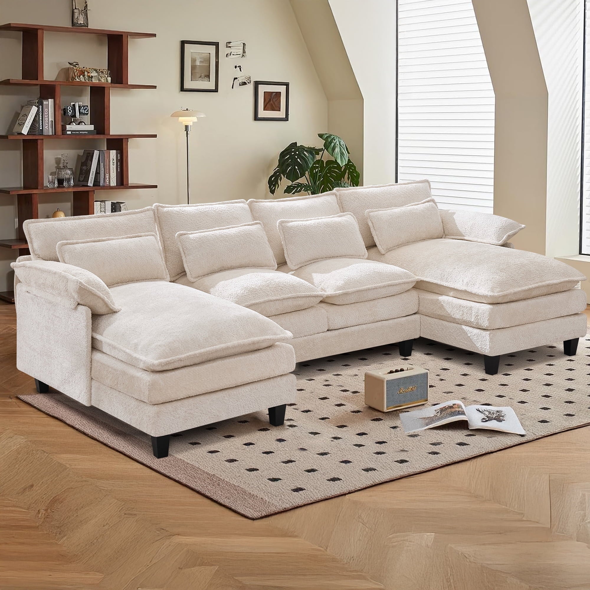 JONPONY109.45 U Shaped Couch,Oversized 4 Seat Sectional with 4 Waist Pillows, Convertible Upholstery Symmetrical Sofá,Sleeper Sofa Couch with Double Chaise Lounge &Memory Foam for Living Room, Beige