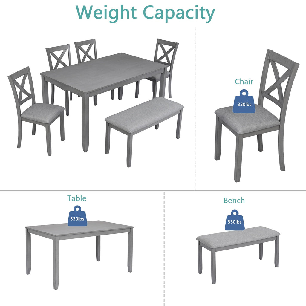 Dining Room Set, LEGAHOME 6 Piece Dining Sets with Bench and Chairs, Solid Wood Kitchen Dining Table Set for 6 with Upholstered Chairs, Gray